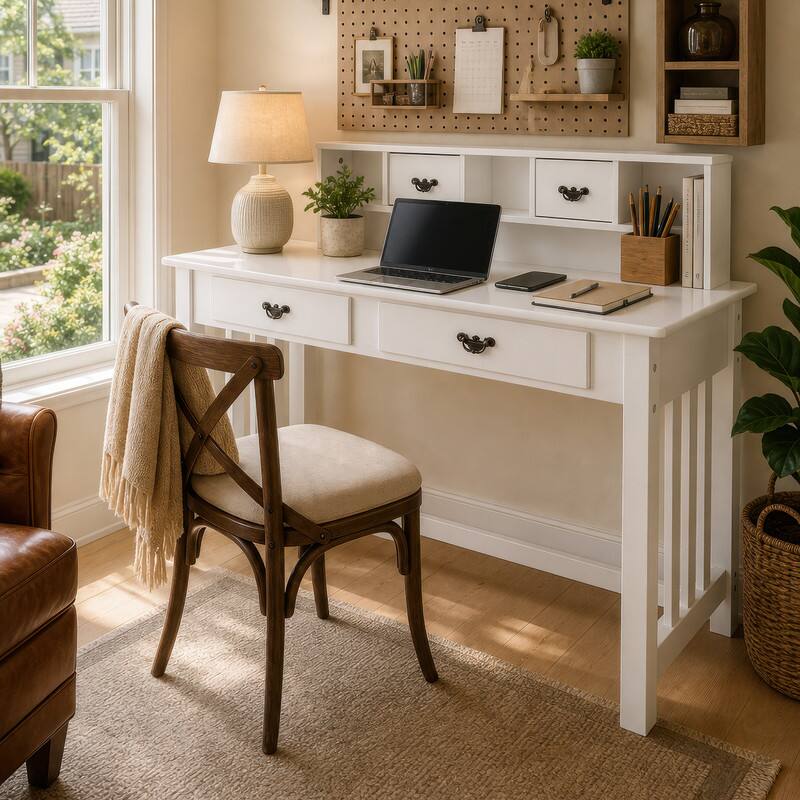 Front. WELLFOR - 47.5 " Modern Writing Desk with 4 Drawer, Home Office Gorgeous Computer Desk, Wood Study Table - White.