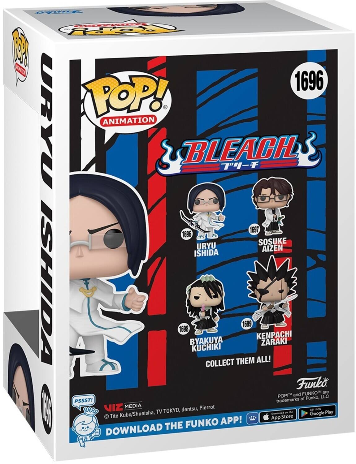 FE FOP 1 BONT 1696 POP! URYU ANIMATION BLEACH 1697 1696 URYU SOSUKE AIZEN ISHIDA 1698 BYAKUYA KUCHIKI COLLECT THEM ALL! 1699 KENPACHI ZARAKI Funko FUNKOTM are POP and LLC PSSST! trademarks of Funko, VIZ MEDIA Pierrot I grR TV TOKYO, dentsu, the GETON Play Download an Google Tite Kuba/Shueisha, App Store FUNKO APP! DOWNLOAD THE