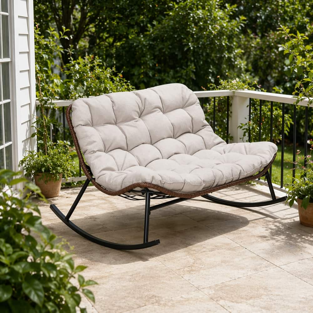 Loheer - Double Wide Rocking Papasan Chair 2-Person Oversized Patio Lounge Chair with Cushions PE Rattan - Beige