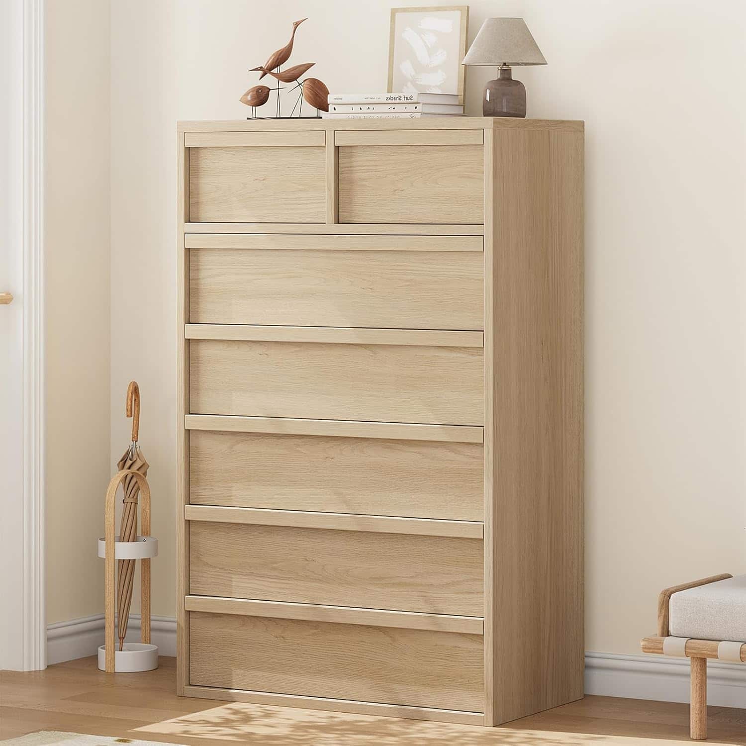 GARVEE - 7 Drawer Dresser for Bedroom, 46in Tall Oak 7 Chest of Drawers with Large Storage, Wooden Dresser Organizer - Natural