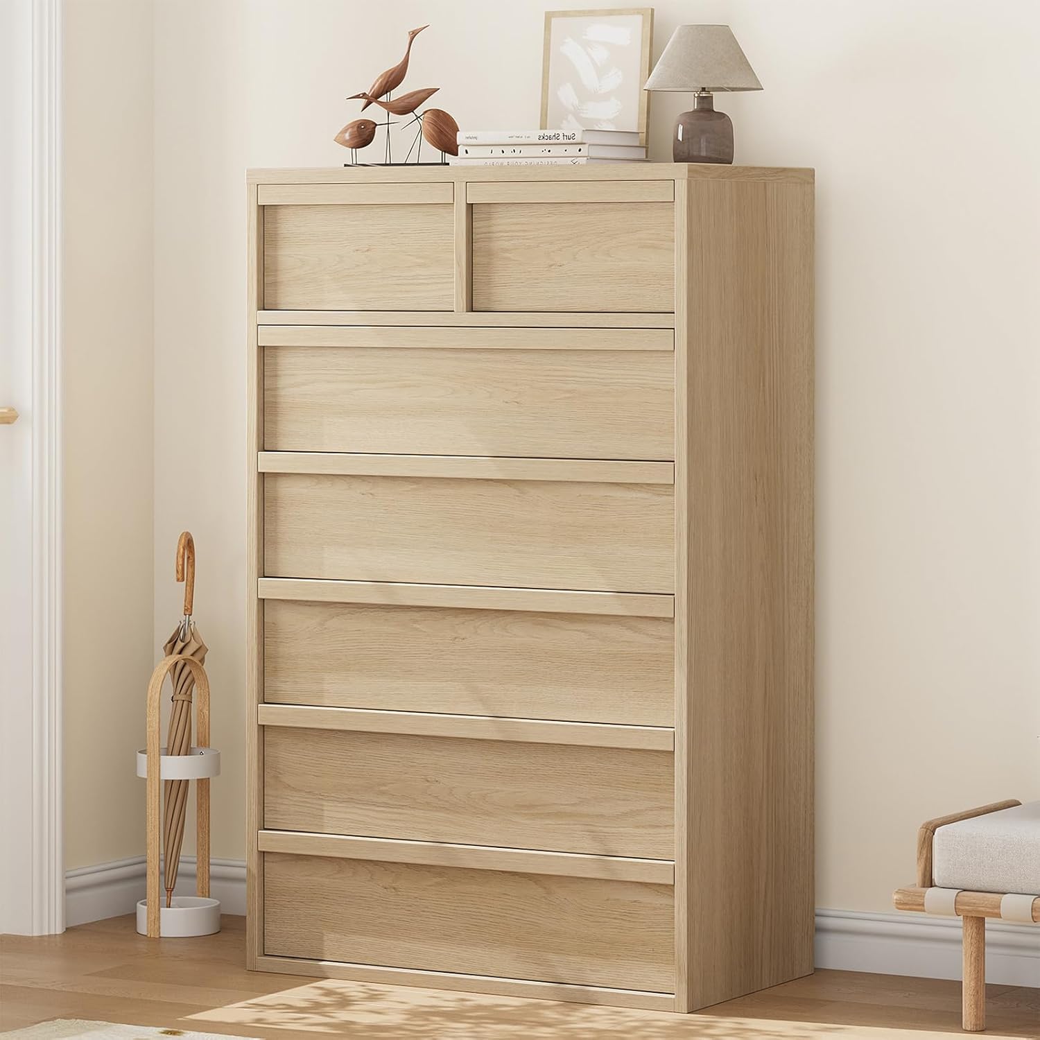 Front. GARVEE - 7 Drawer Dresser for Bedroom, 46in Tall Natural Oak 7 Chest of Drawers with Large Storage, Wooden Dresser Organizer - Natural.