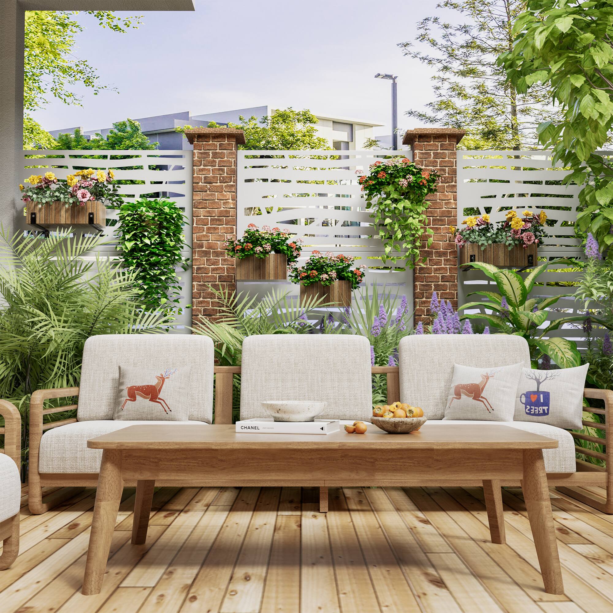 The text on the image is:

- "CHANEL" (on the book)
- "I ❤️ TREES" (on the pillow)