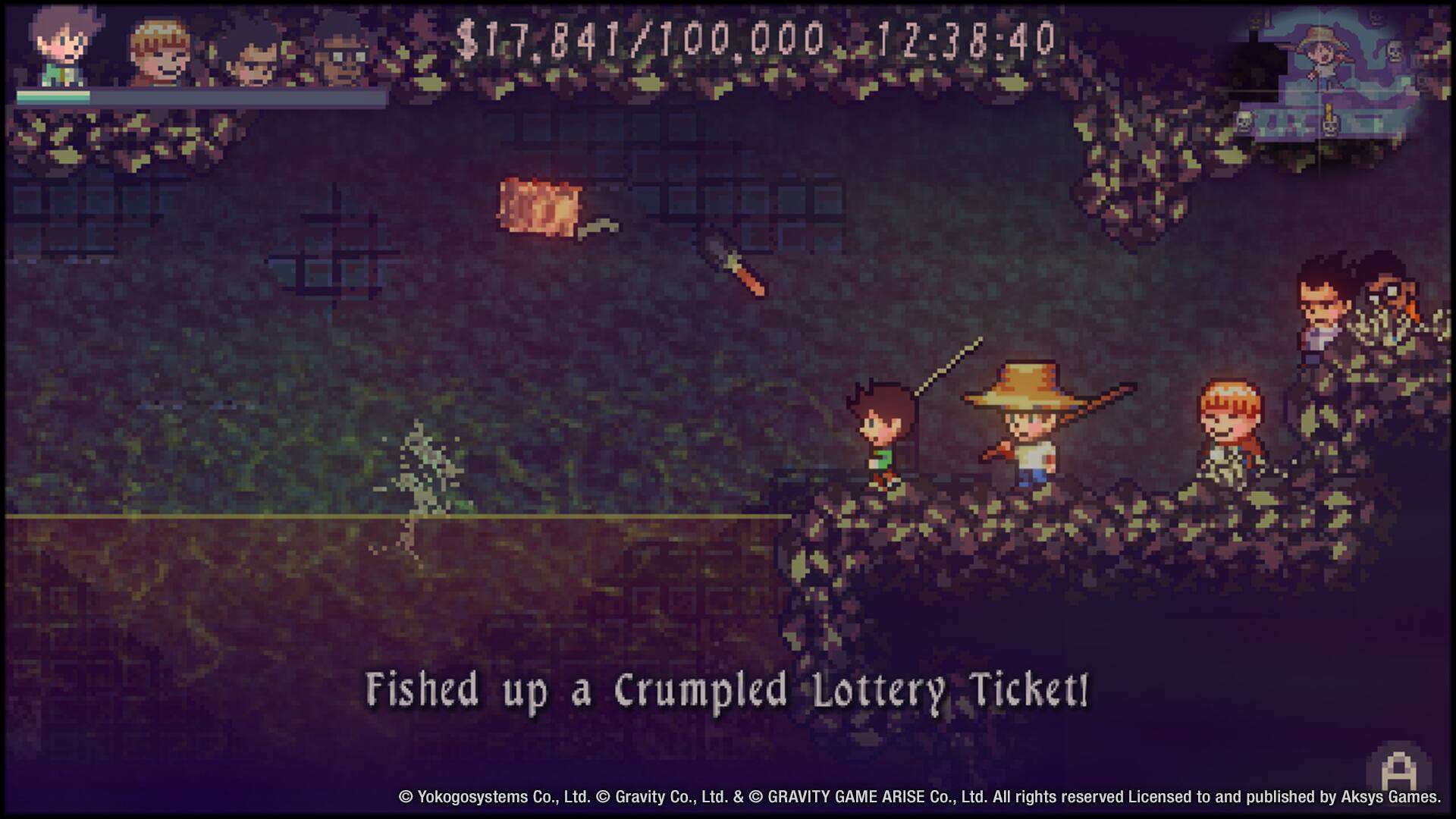 $17,841/100,000 12:38:40

Fished up a Crumpled Lottery Ticket!

Yokogosystems Co., Ltd. Gravity Co., Ltd. & GRAVITY GAME ARISE Co., Ltd. All rights reserved Licensed to and published by Aksys Games.