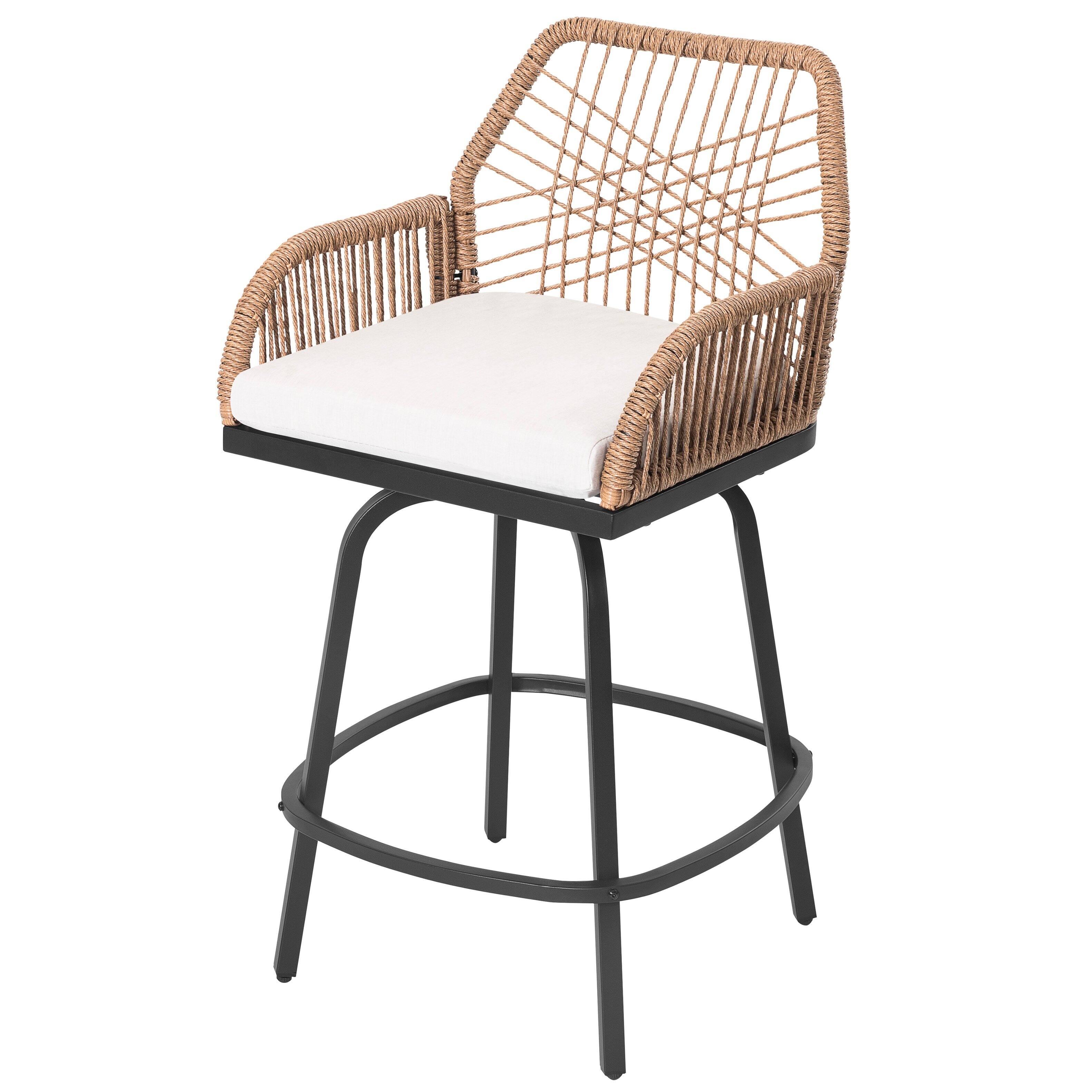 Alt View 6. Nuu Garden - 2-Piece Twisted Rattan Patio Bar Stools Set with Cushions, Swivel Design - Beige.