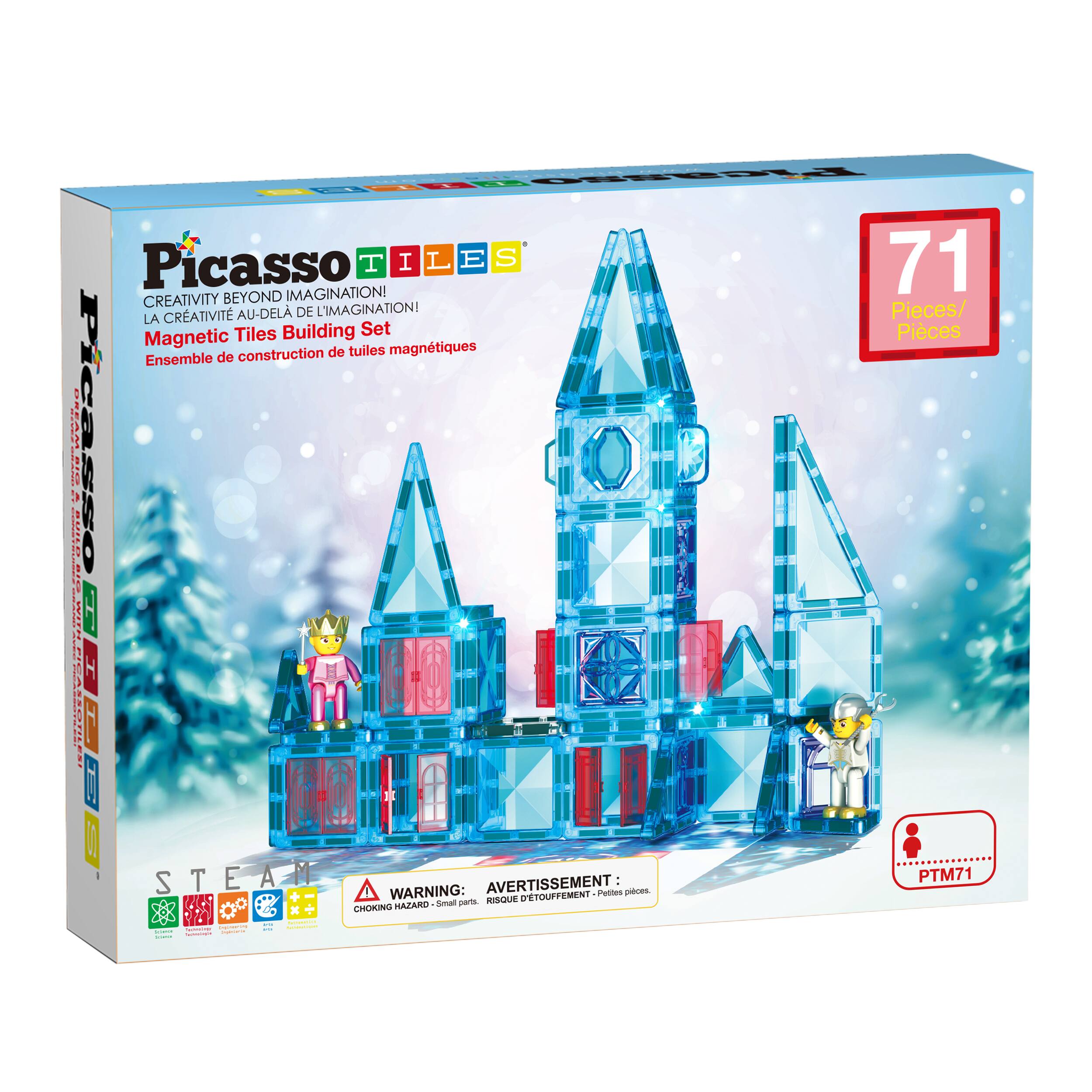 Picasso Tiles  
Creativity Beyond Imagination!  
La Créativité Au-Delà De L'Imagination!  
Magnetic Tiles Building Set  
Ensemble de construction de tuiles magnétiques  

71 Pieces / Pièces  

STEAM  

Warning: Choking Hazard - Small parts. Not for children under 3 years.  
Avertissement: Risque d'étouffement - Petites pièces. Ne convient pas aux enfants de moins de 3 ans.  

PTM71
