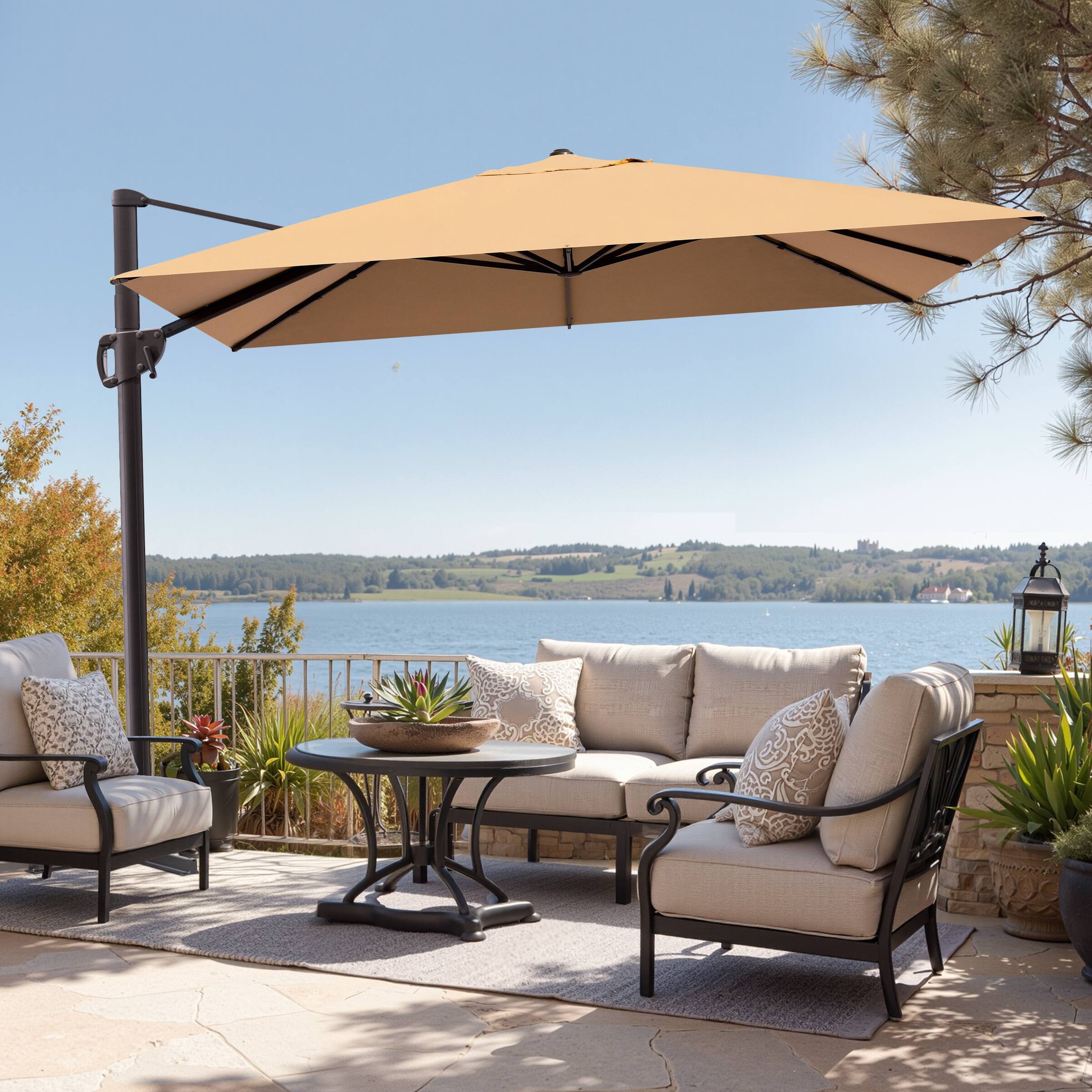 Alt View 6. Crestlive Products - Crestlive Products 9x11ft Aluminum Crank Cantilever Patio Umbrella with Base - Brown.