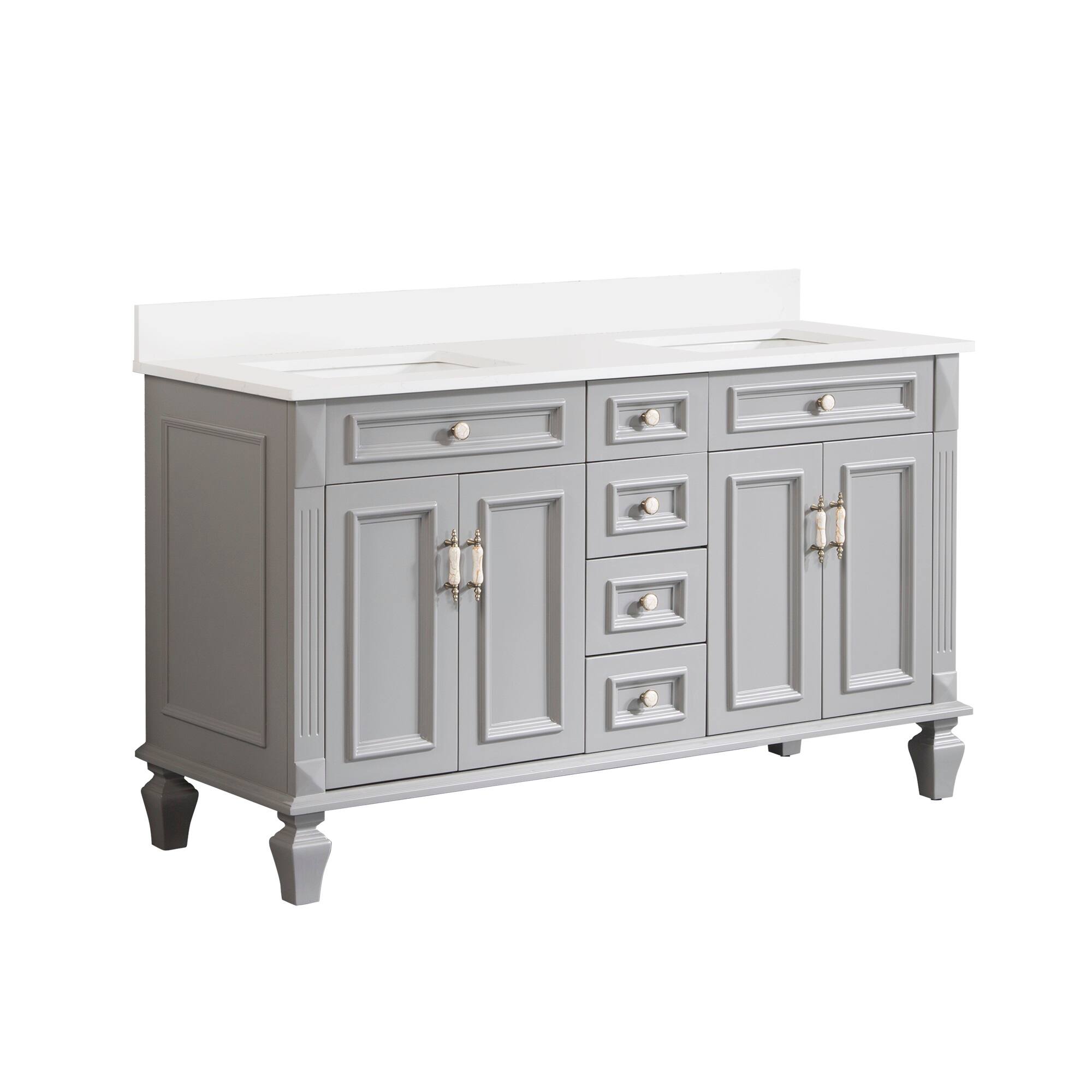 Alt View 6. WELLFOR - ARTWOOD 60 in. Solid Wood Bath Vanity with Quartz Top, Double Sink, Soft Close, Assembled - Gray.