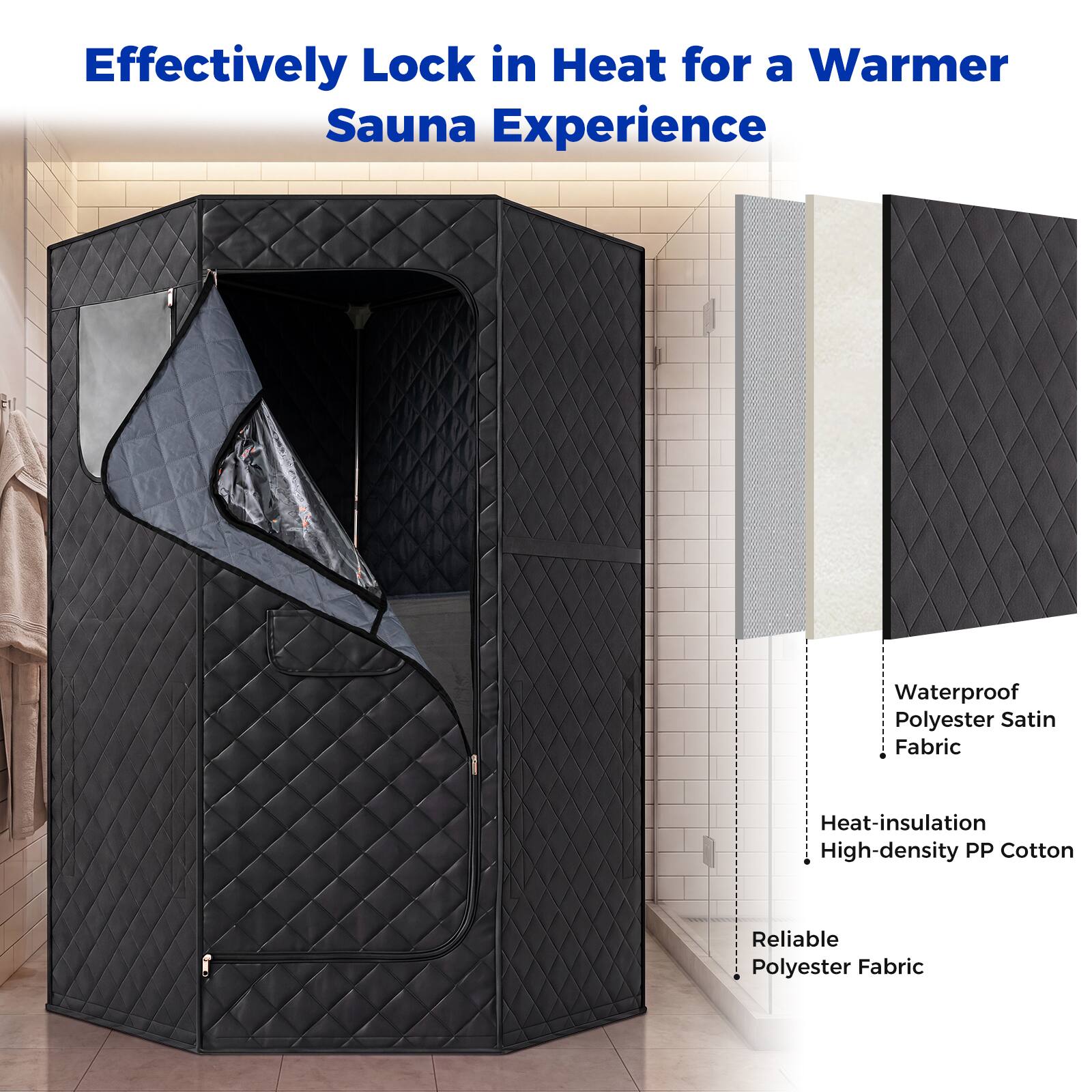 Effectively Lock in Heat for a Warmer Sauna Experience

- Waterproof Polyester Satin Fabric
- Heat-insulation High-density PP Cotton
- Reliable Polyester Fabric