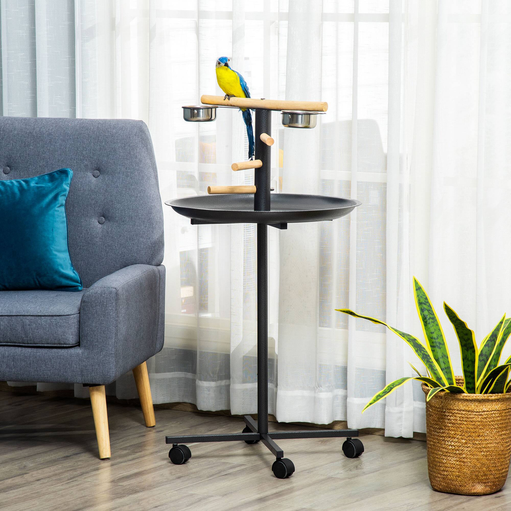 Angle. Siljoy - Mobile Bird Play Stand with Wheels, 4 Wood Perches & Stainless Steel Bowls, Grey Feeder Station with Round Tray.