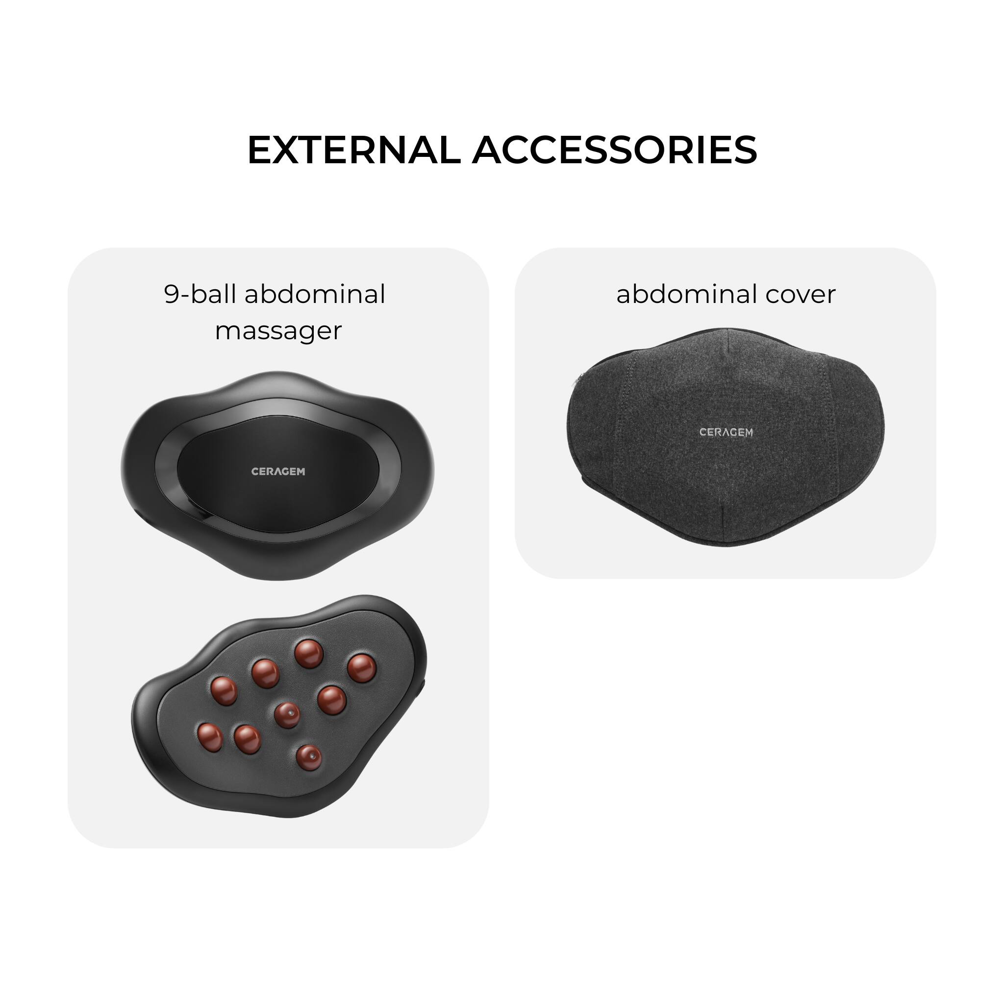 EXTERNAL ACCESSORIES

9-ball abdominal massager
abdominal cover
CERACEM
CERACEM