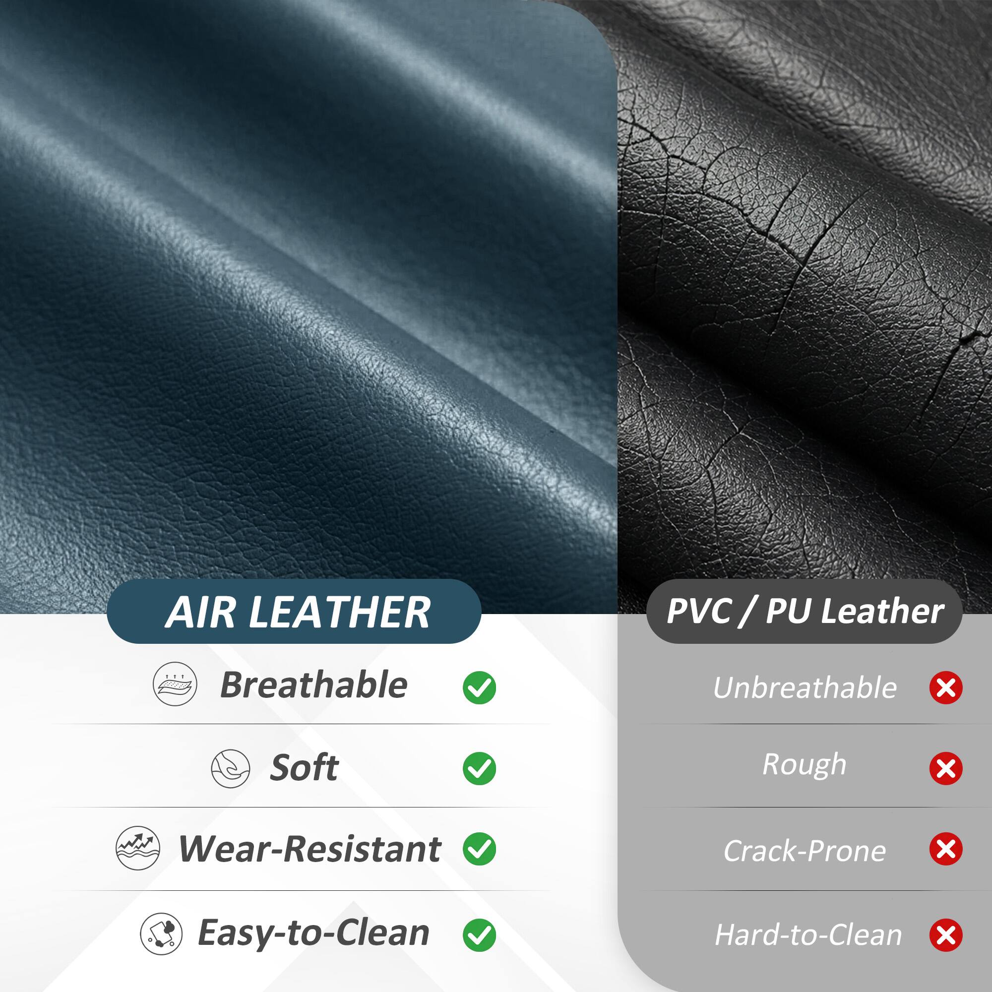 AIR LEATHER PVC / PU Leather

Breathable Unbreathable
Soft Rough
Wear-Resistant Crack-Prone
Easy-to-Clean Hard-to-Clean
