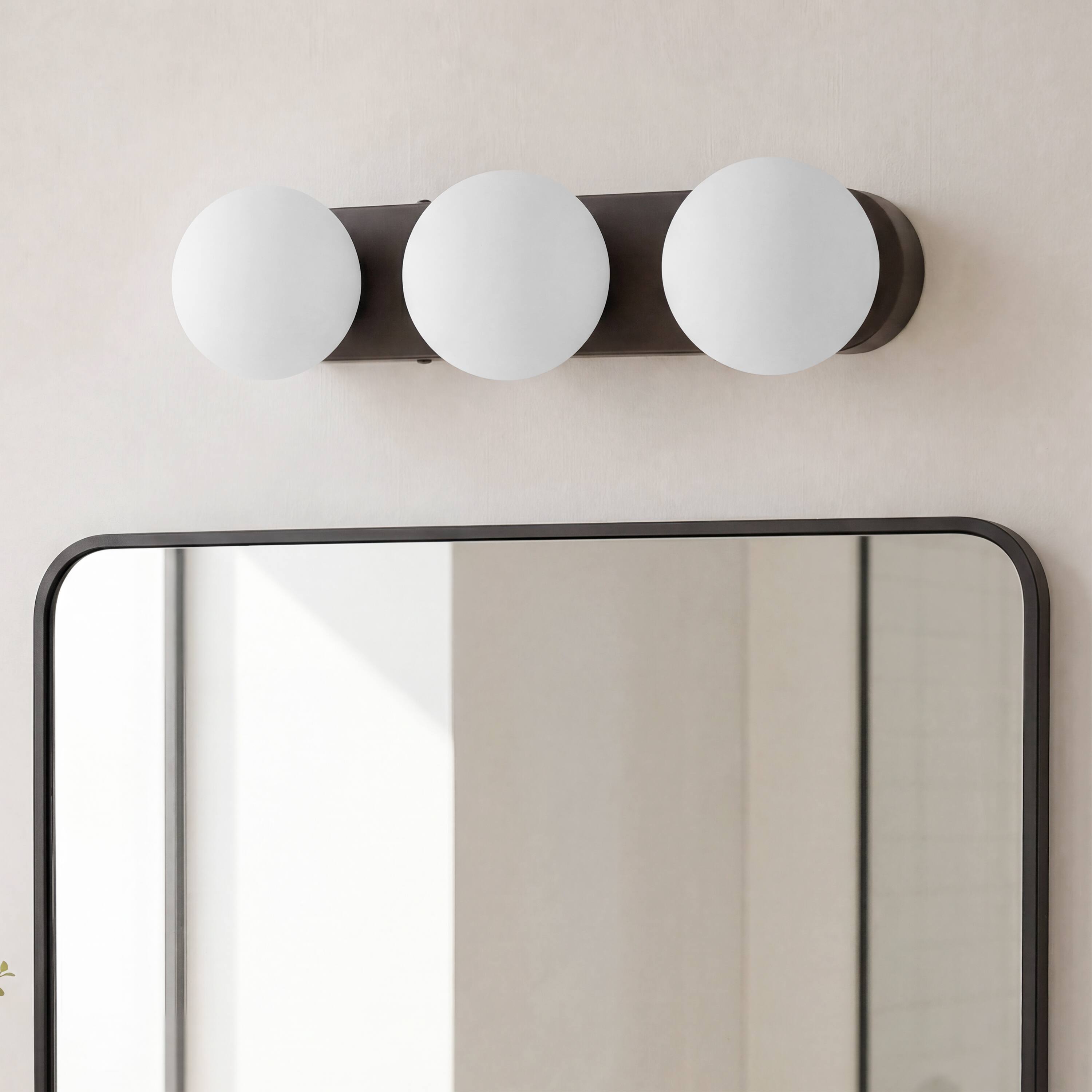 Alt View 7. Jonathan Y - Knox 23.25" 3-Light Oil Rubbed Bronze Mid-Century Modern Metal Bathroom Vanity Light with White Glass Globe Shades - Oil Rubbed Bronze.