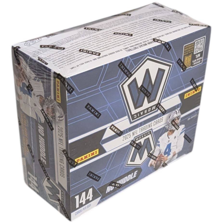 The text on the image is:

"PANINI 2025 NFL TRADING CARDS  
MOSAIC  
NO HUDDLE  
144 CARDS PER BOX"