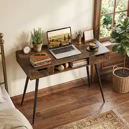 WELLFOR - 42.5 " Small Computer Desk with Drawers, Modern PC Laptop Table Computer Study Writing Workstation for Small Spaces - Rustic Brown