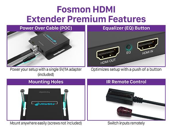 Fosmon HDMI Extender Premium Features

Power Over Cable (POC)
Power your setup with a single 5V/1A adapter (included)

Equalizer (EQ) Button
Optimizes setup with a push of a button

Mounting Holes
Mount anywhere easily (screws not included)

IR Remote Control
Switch inputs remotely