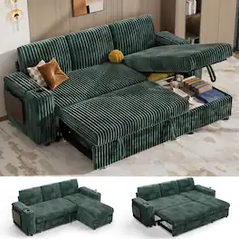 Dyonery - 85" Modular Sectional Sleeper Sofa with Pull Out Bed, 3 Seat L Shaped with Reclining Backrest,Corduroy Green - Green