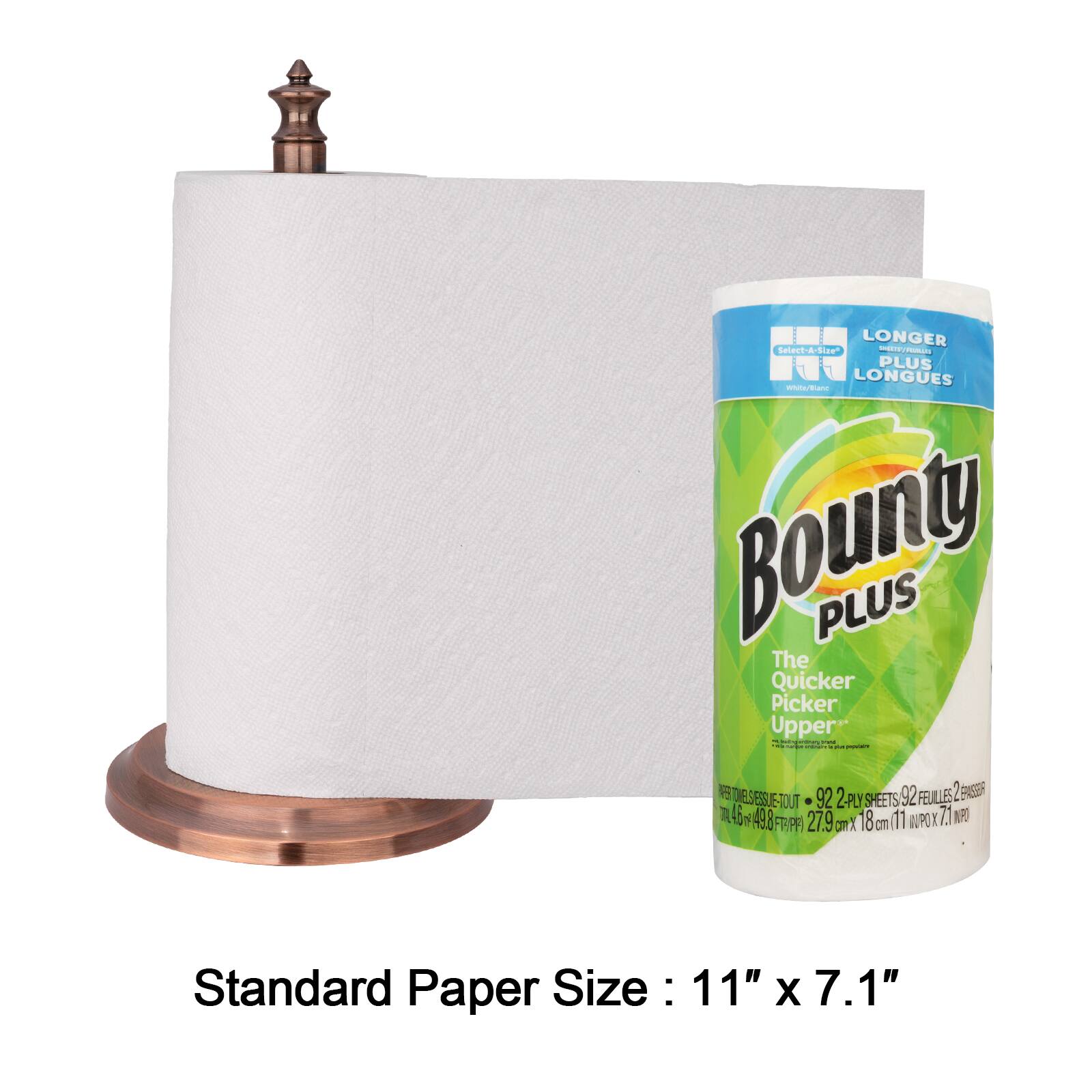 LONGER T-LA-TIZE - PLUS LONGUES  
Bounty PLUS  
The Quicker Picker Upper  
92 SHEETS - 92 FEUILES  
Standard Paper Size: 11" x 7.1"