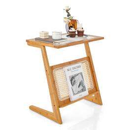 Sugift - Z-shaped End Table with Magazine Rack and Rattan Shelf - Natural