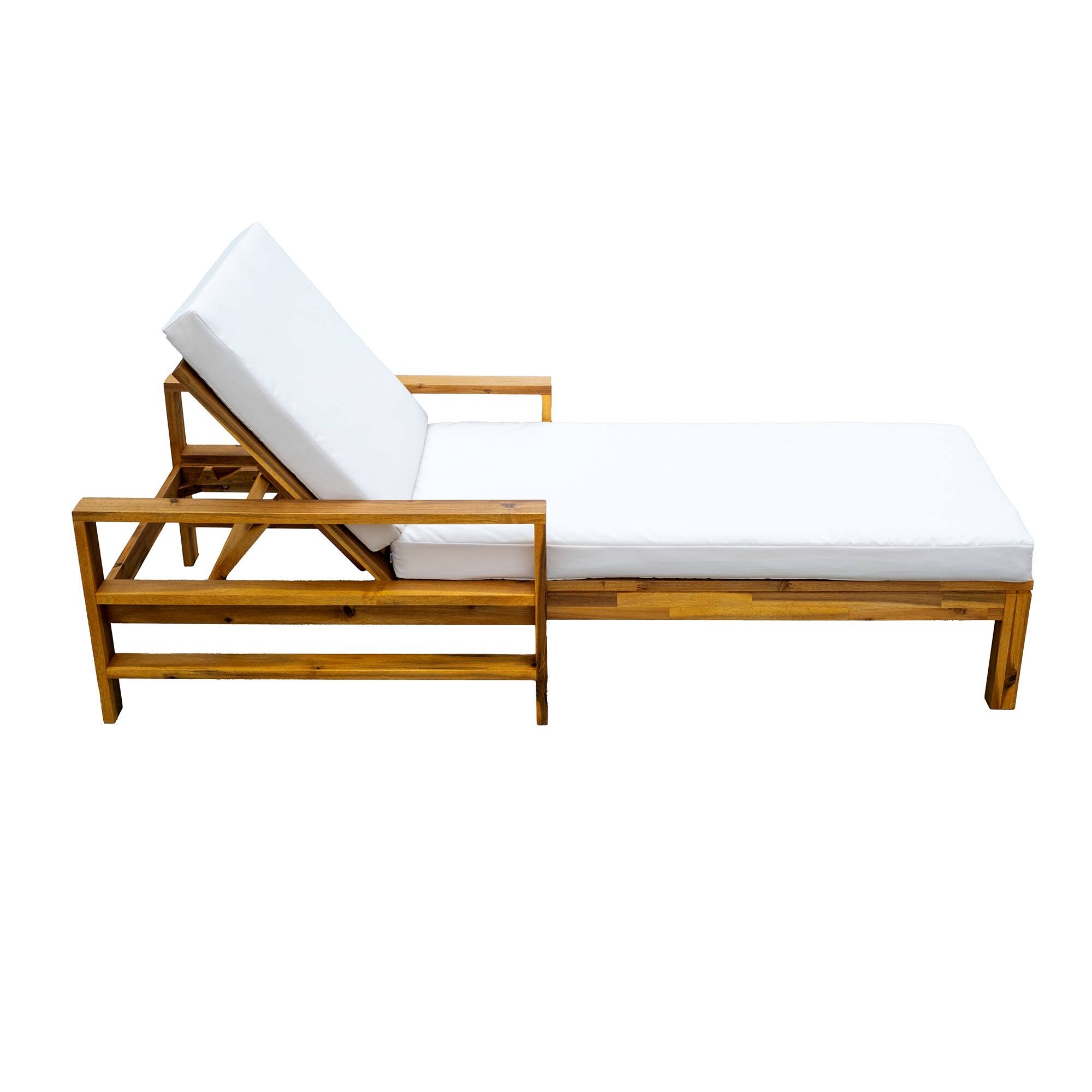 Back. Mondawe - Acacia Wood Adjustable Backrest Outdoor Lounge Chair - Natural+Beige.
