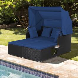 Gymax - Patio Hand-Woven PE Wicker Daybed Outdoor Loveseat Sofa Set w/ Navy Cushions - Black, Navy