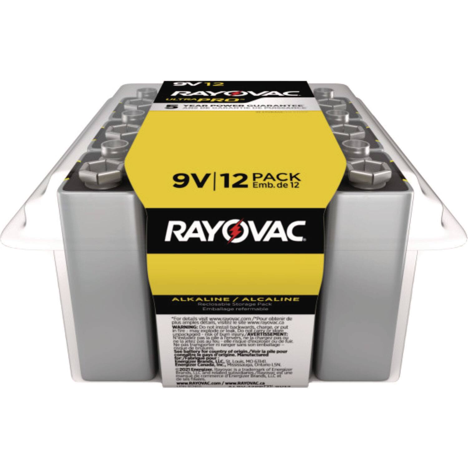 Sure, here is the corrected and grouped text from the image:

---

**RAYOVAC**

**9V | 12 PACK**  
Emb. de 12

**ALKALINE**  
Alcaline

**5 YEAR GUARANTEE**

**Storage Pack**  
Emballage refermable

**For details visit www.rayovac.com**  
Pour obtenir de plus amples renseignements visiter le site www.rayovac.com

**WARNING:**  
Do not install batteries backwards, charge, or put in fire.  
AVERTISSEMENT:  
Ne pas installer les piles à l'envers, ne pas charger ou mettre dans le feu.

**Manufactured by:**  
Rayovac Corporation, USA  
Manufacturé par:  
Rayovac Corporation, États-Unis

**© 2021 Rayovac Corporation, USA**  
© 2021 Rayovac Corporation, États-Unis

**www.rayovac.com**

---

This text is grouped and corrected for clarity.