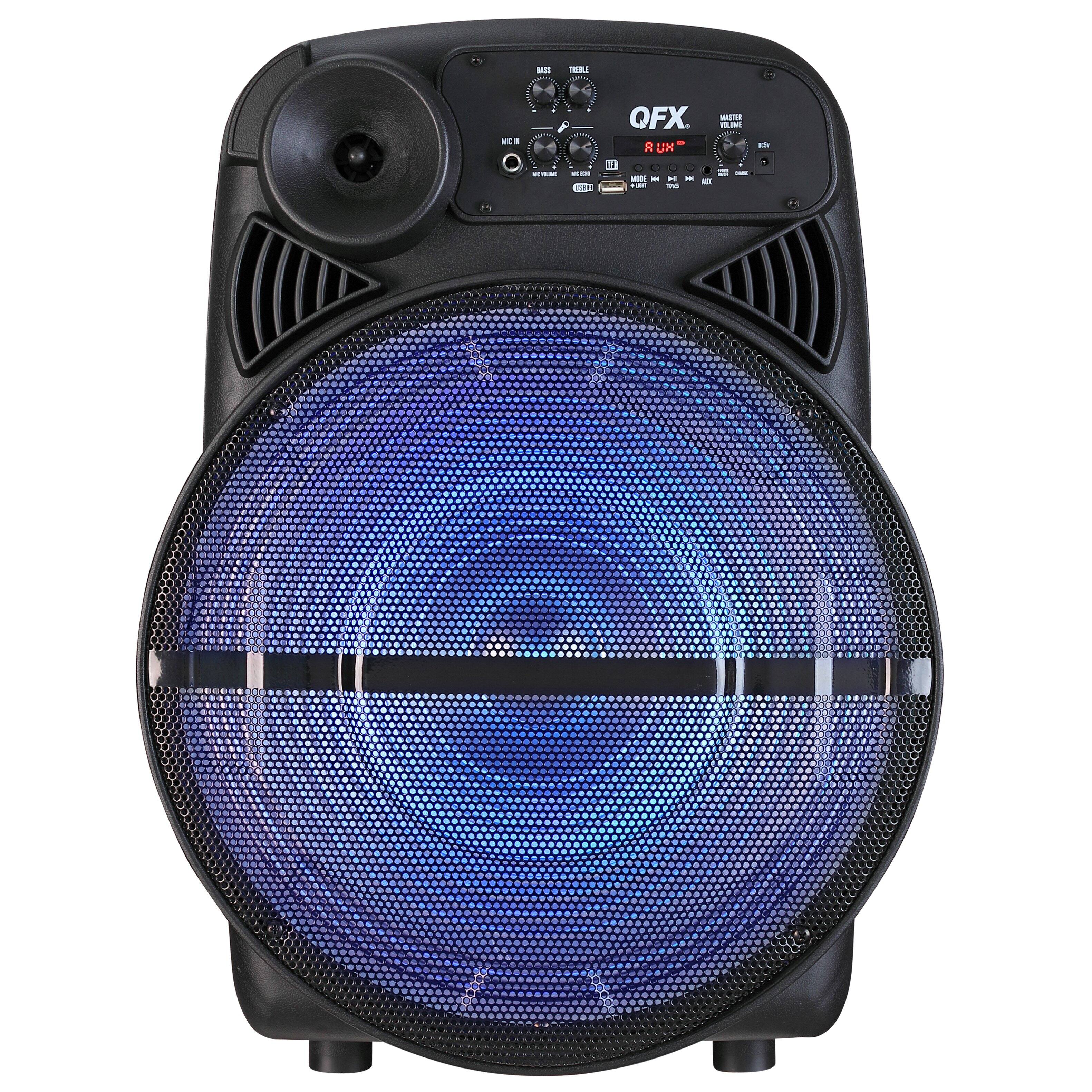 Front. QFX - 15" BT Speaker Rechargeable with Lights - Black.