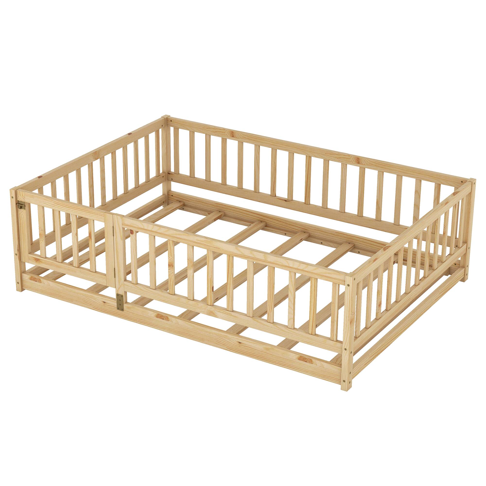Alt View 5. Tiramisubest - Full Size Floor Bed with Slats, Floor Bed with Fence and Door, Kids Bed Full Size, Wood Floor Bed for Kids, Girls, Boys - Natural.