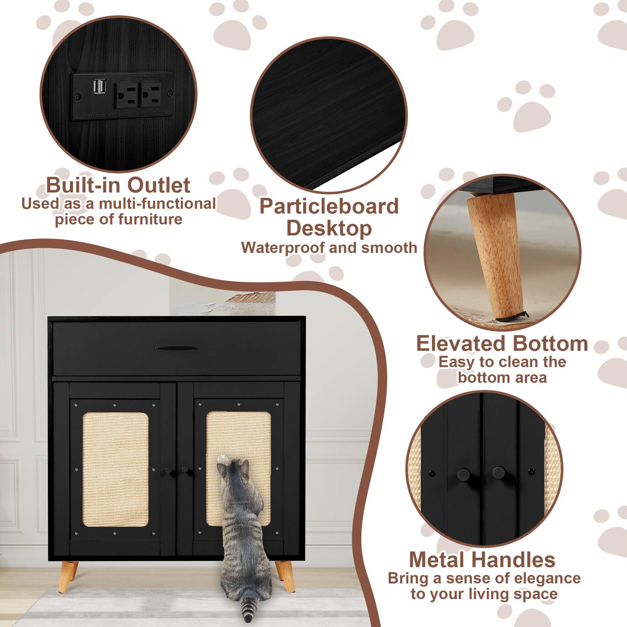 - Built-in Outlet
  - Used as a multi-functional piece of furniture

- Particleboard Desktop
  - Waterproof and smooth

- Elevated Bottom
  - Easy to clean the bottom area

- Metal Handles
  - Bring a sense of elegance to your living space