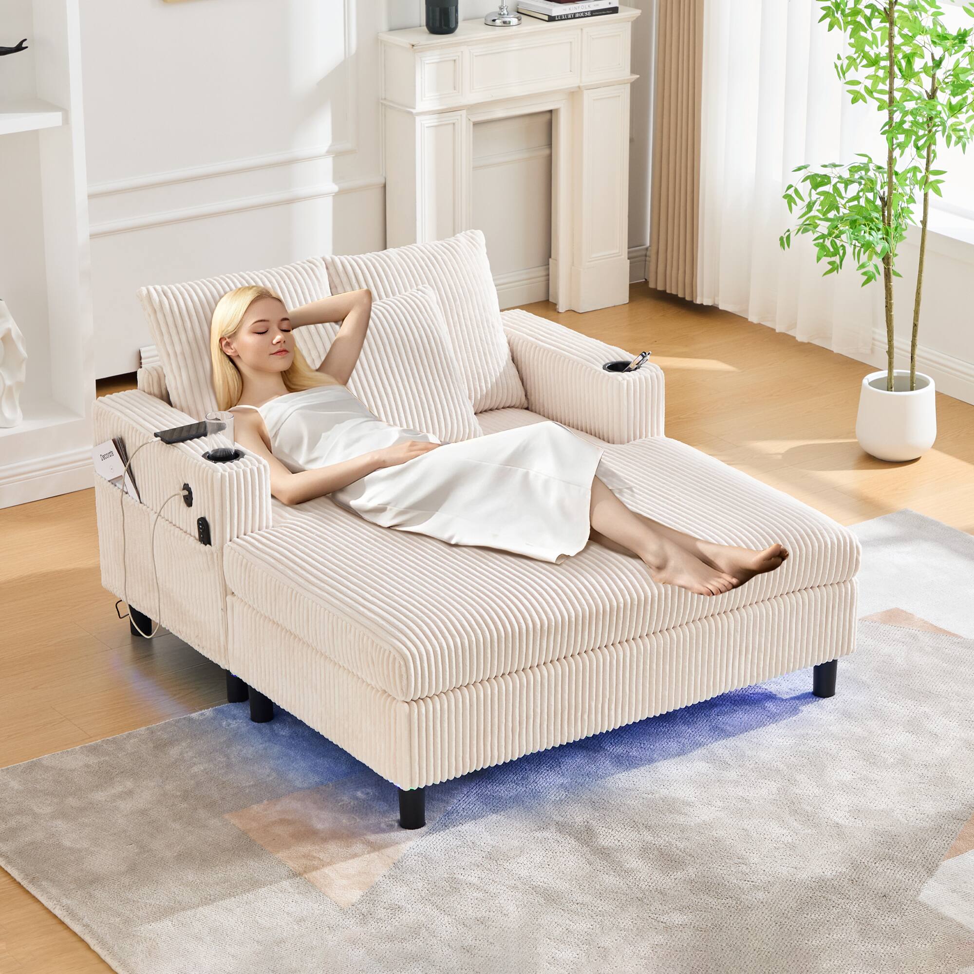 Alt View 1. Trinkets Crazed - Modern Corduroy Oversized Recliner Sofa with Deep Seat, USB Charging,RGB LED Light Strip - Beige.