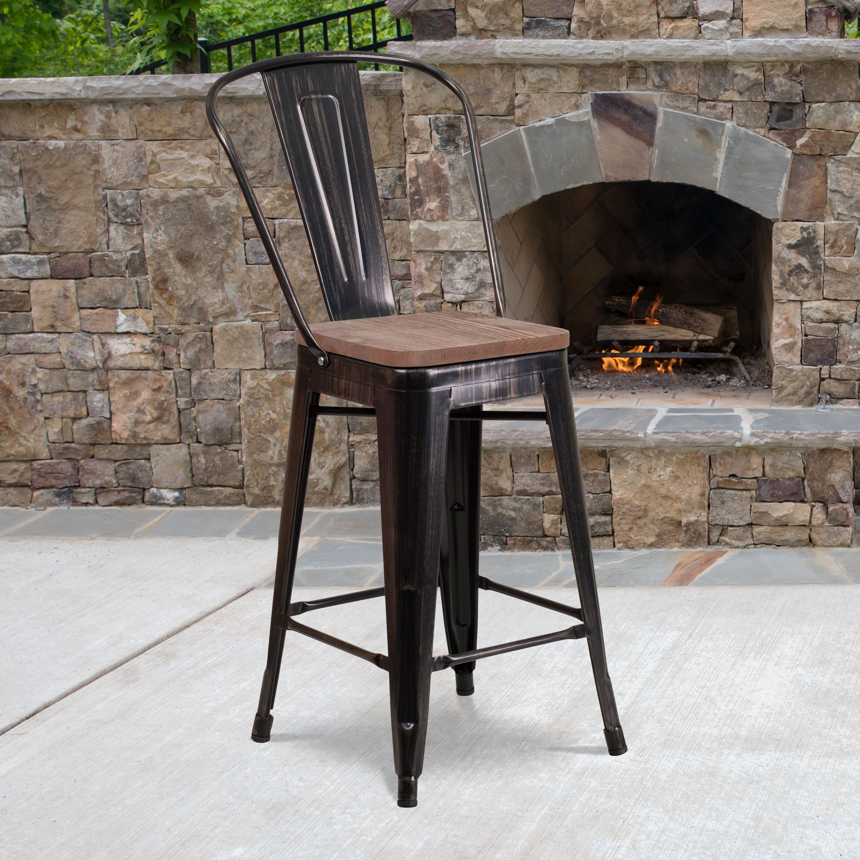 Emma + Oliver - 24"H Metal Counter Height Stool with Back and Square Wood Seat - Black-Antique Gold