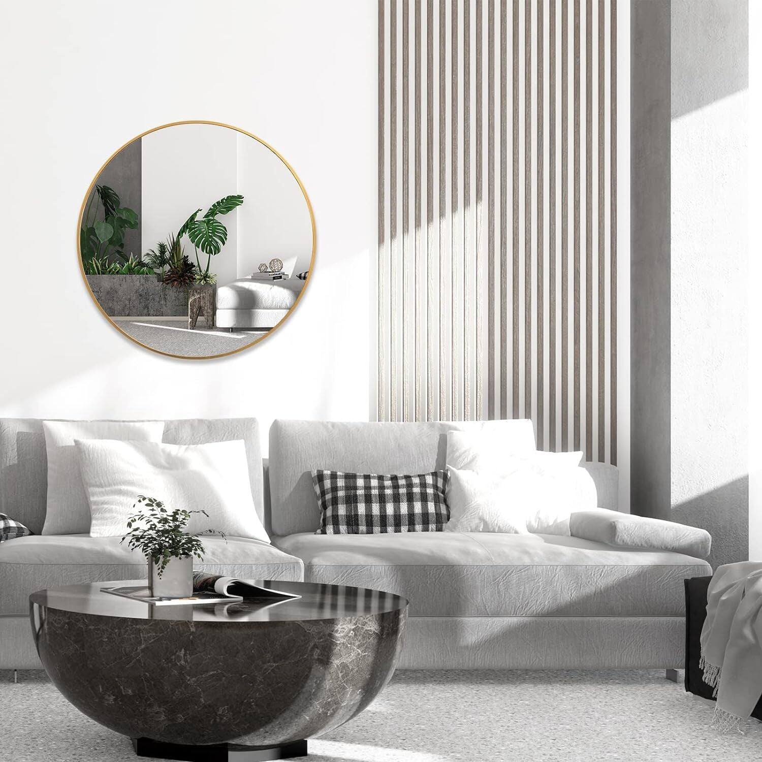 Left. BreeBe - 36 Inch Gold Metal Framed Round Bathrrom Mirror for Wall. - Gold.