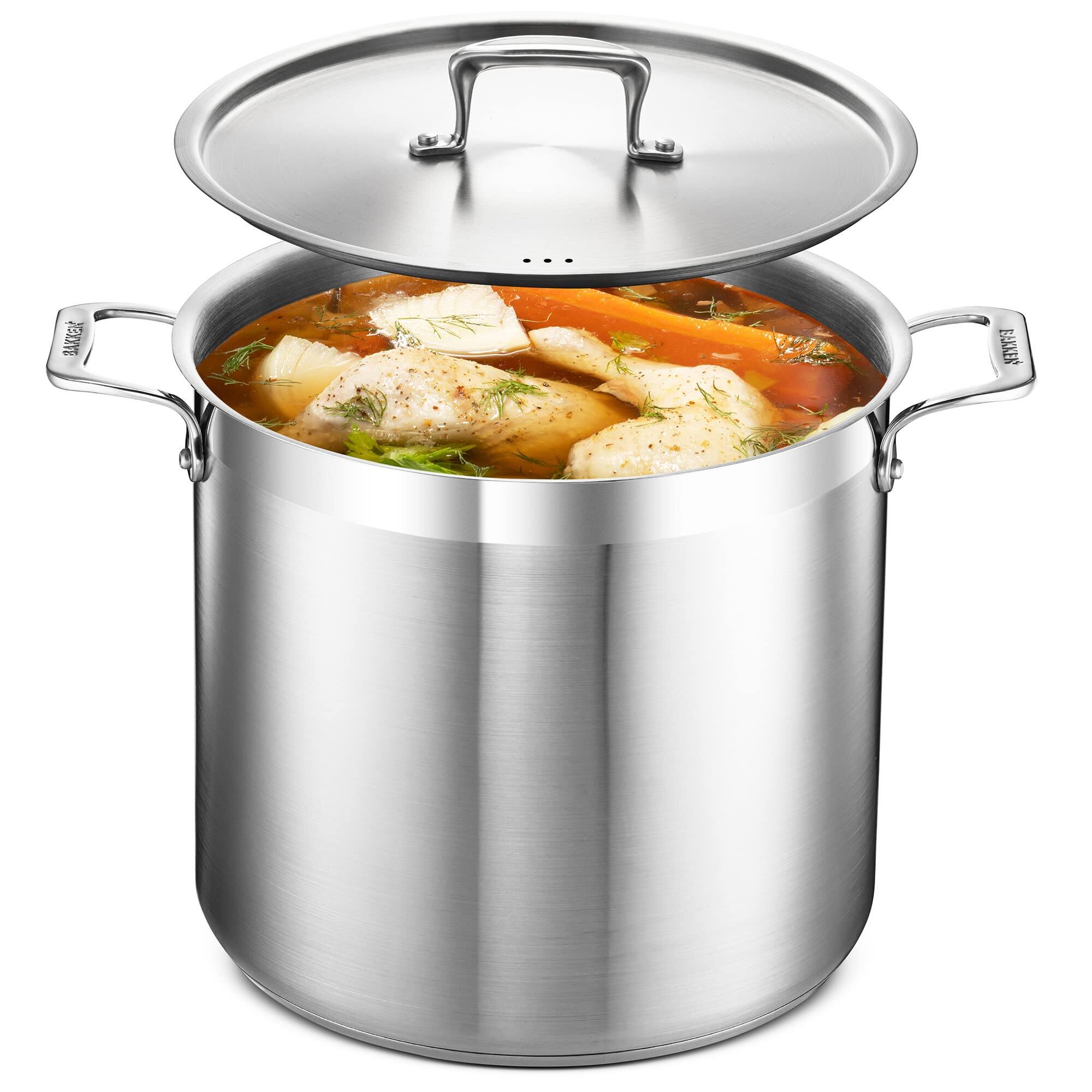 Bakken- Swiss - Stockpot – 16 Quart – Brushed Stainless Steel – Heavy Duty Induction Pot with Lid and Riveted Handles – For Soup, Seafoo - Silver