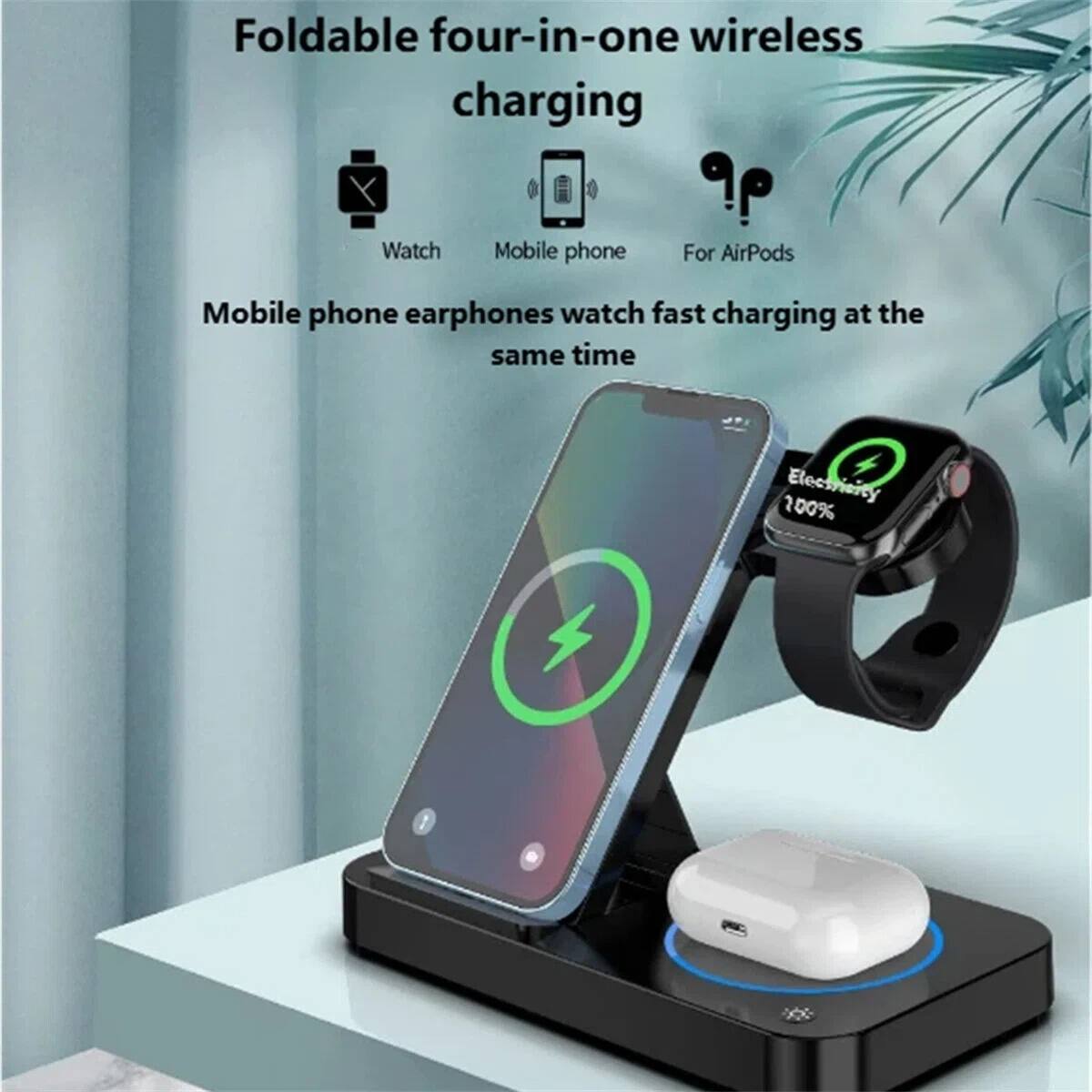Foldable four-in-one wireless charging

- Watch
- Mobile phone
- For AirPods

Mobile phone earphones watch fast charging at the same time

Electricity 100%