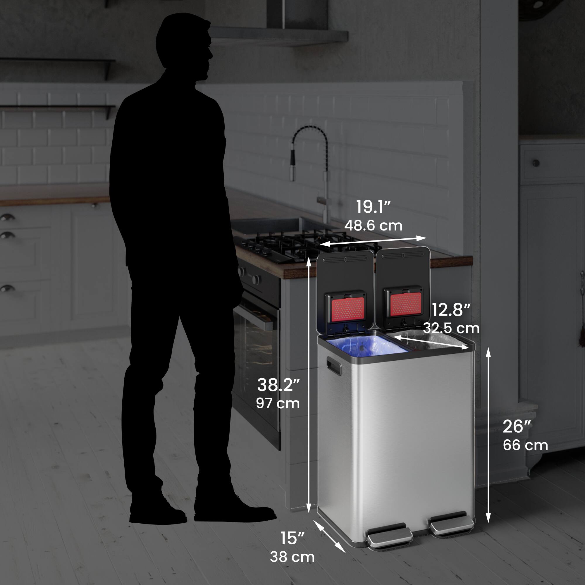 19.1" 48.6 cm  
12.8" 32.5 cm  
38.2" 97 cm  
26" 66 cm  
15" 38 cm