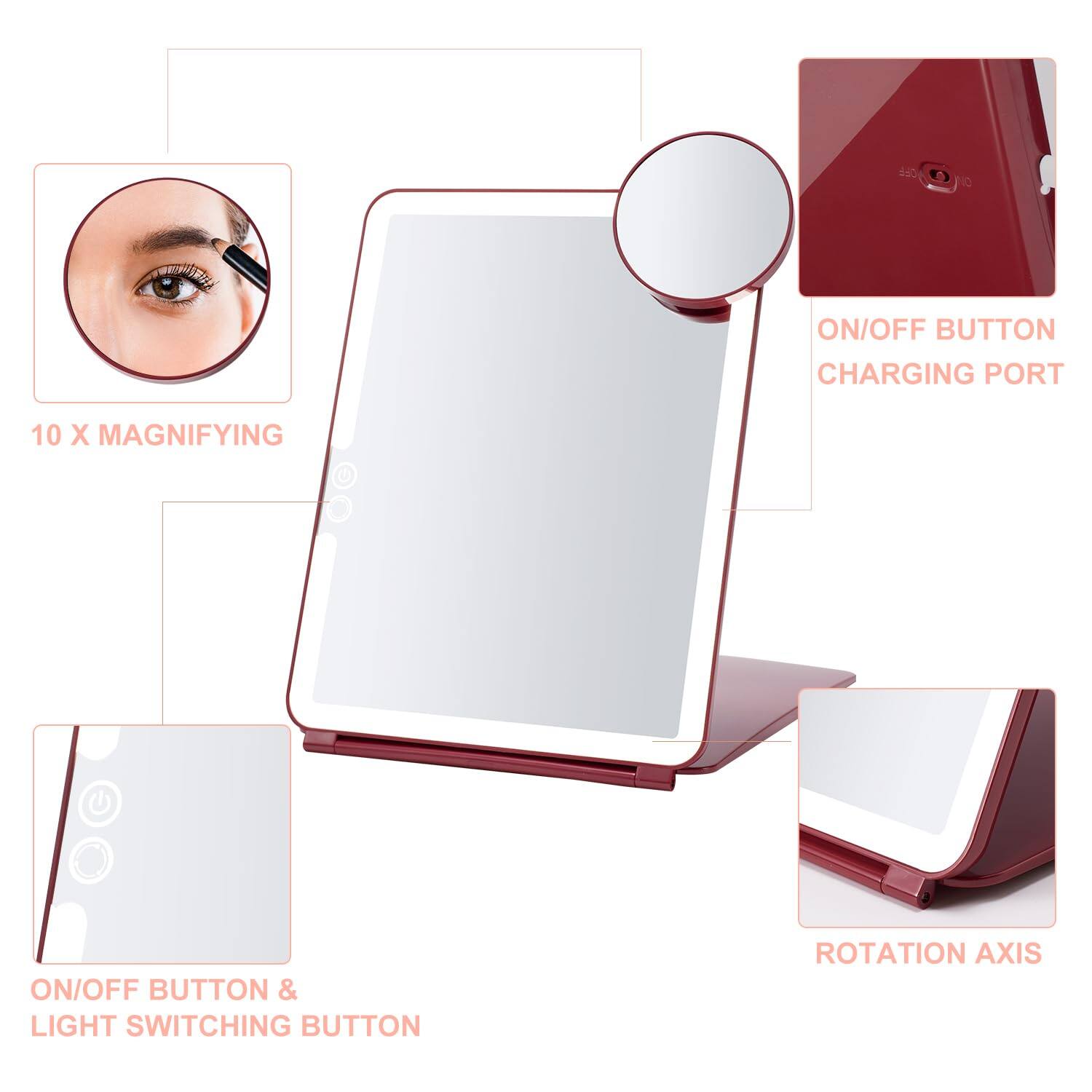 - 10 X MAGNIFYING
- ON/OFF BUTTON & LIGHT SWITCHING BUTTON
- CHARGING PORT
- ROTATION AXIS