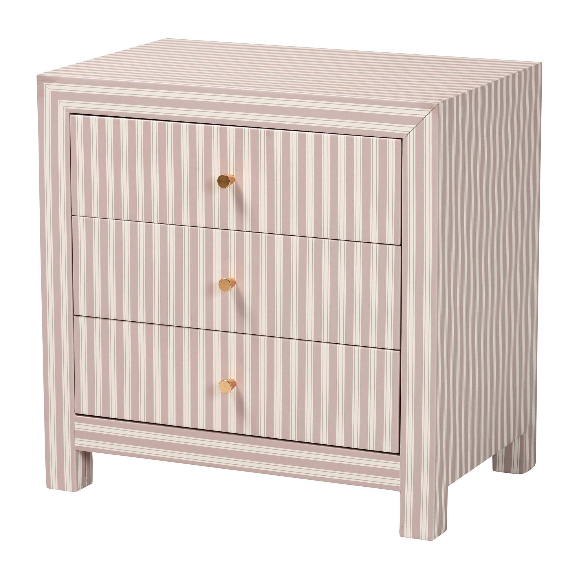 Front. Baxton Studio - Javianne End Table with Striped Faux Leather - 3-Drawer Storage Cabinet with Gold Knobs - White/Beige/Brass.