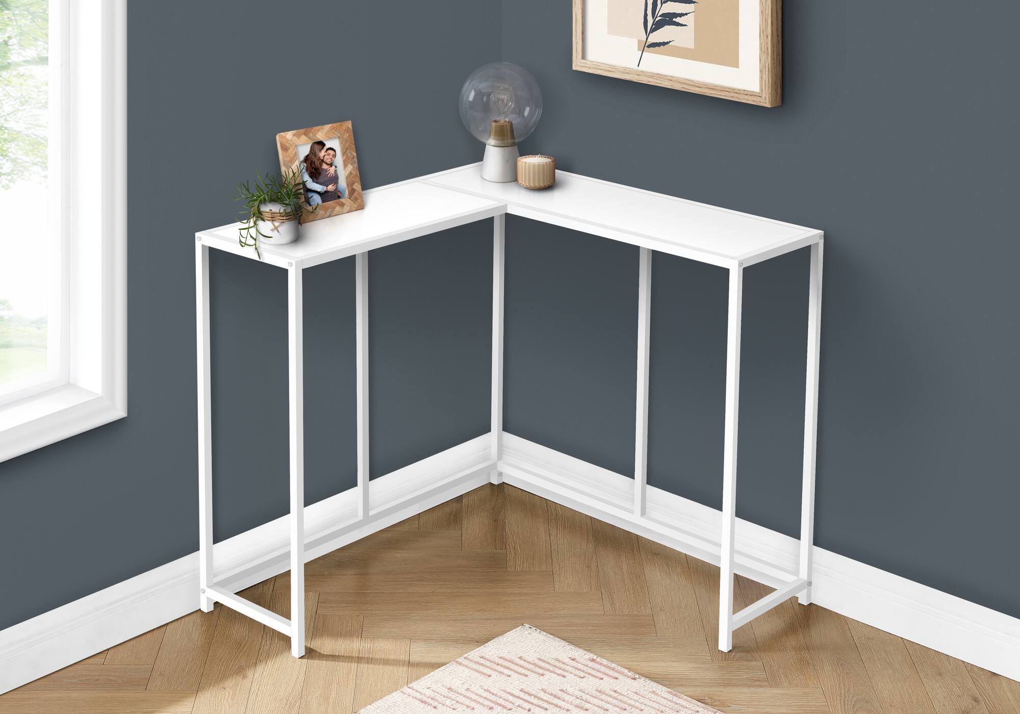 Front. TinyHomie - Accent Table Console Entryway Narrow Corner Living Room Bedroom White Laminate White Metal Contemporary Modern - White.