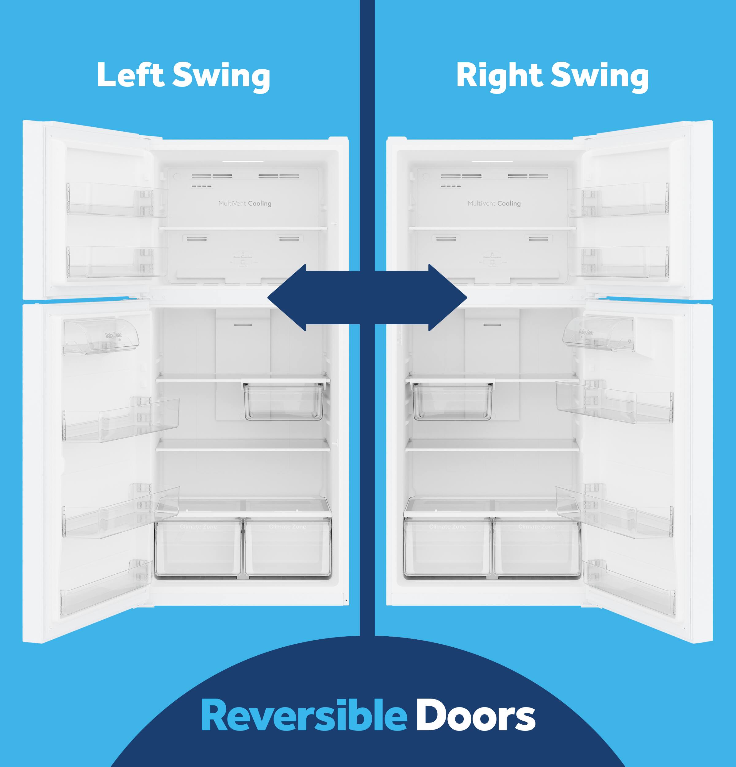 Left Swing  
Right Swing  
Multivent Cooling  
Multivent Cooling  
Reversible Doors