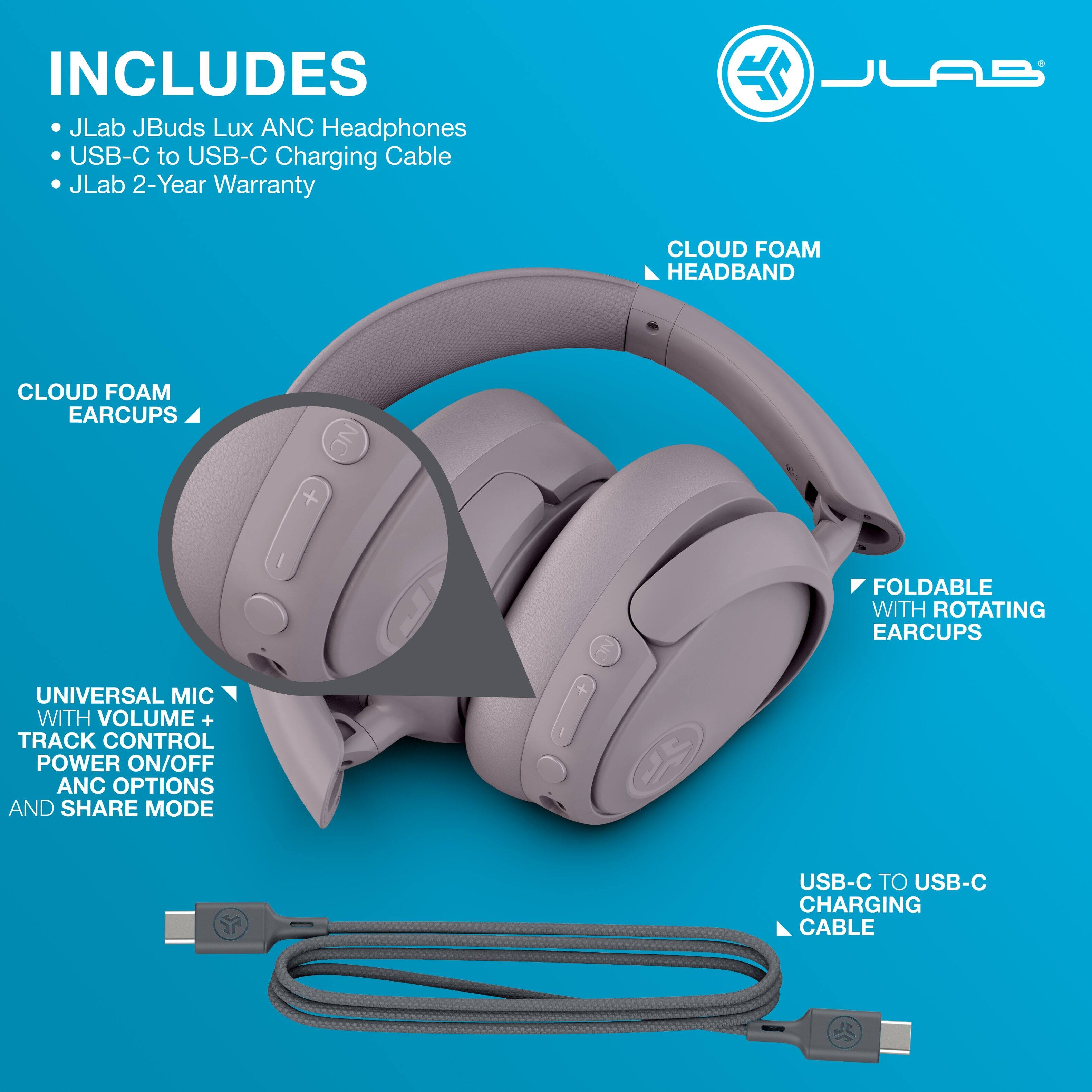 The image features a pair of JLab JBuds Lux ANC headphones, which come with a USB-C to USB-C charging cable. The headphones also include a 2-year warranty and come with a cloud foam headband and cloud foam earcups. Additionally, the headphones have a universal mic with volume and track control, and they can be folded with rotating earcups for easy storage. The headphones are compatible with USB-C to USB-C charging and offer various options, such as ANC (active noise cancellation) and share mode.