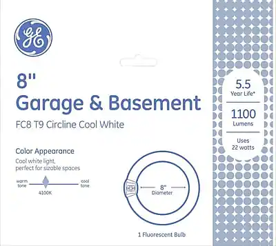 8" Garage & Basement
FC8 T9 Circline Cool White
Color Appearance:
Cool white light, perfect for sizable spaces
Warm tone 4100K cool tone
5.5 Year Life
1100 Lumens
Uses 22 watts
1 Fluorescent Bulb
8" Diameter
