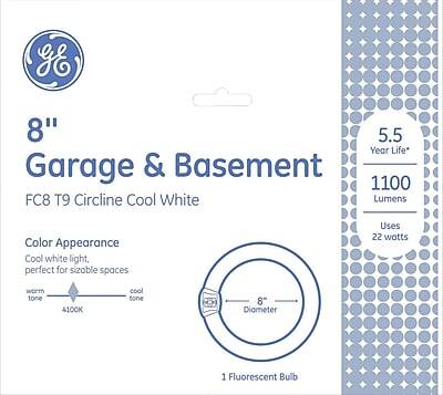 8" Garage & Basement  
FC8 T9 Circline Cool White  

Color Appearance:  
Cool white light, perfect for sizable spaces  
Warm tone 4100K cool tone  

5.5 Year Life  
1100 Lumens  
Uses 22 watts  

1 Fluorescent Bulb  
8" Diameter