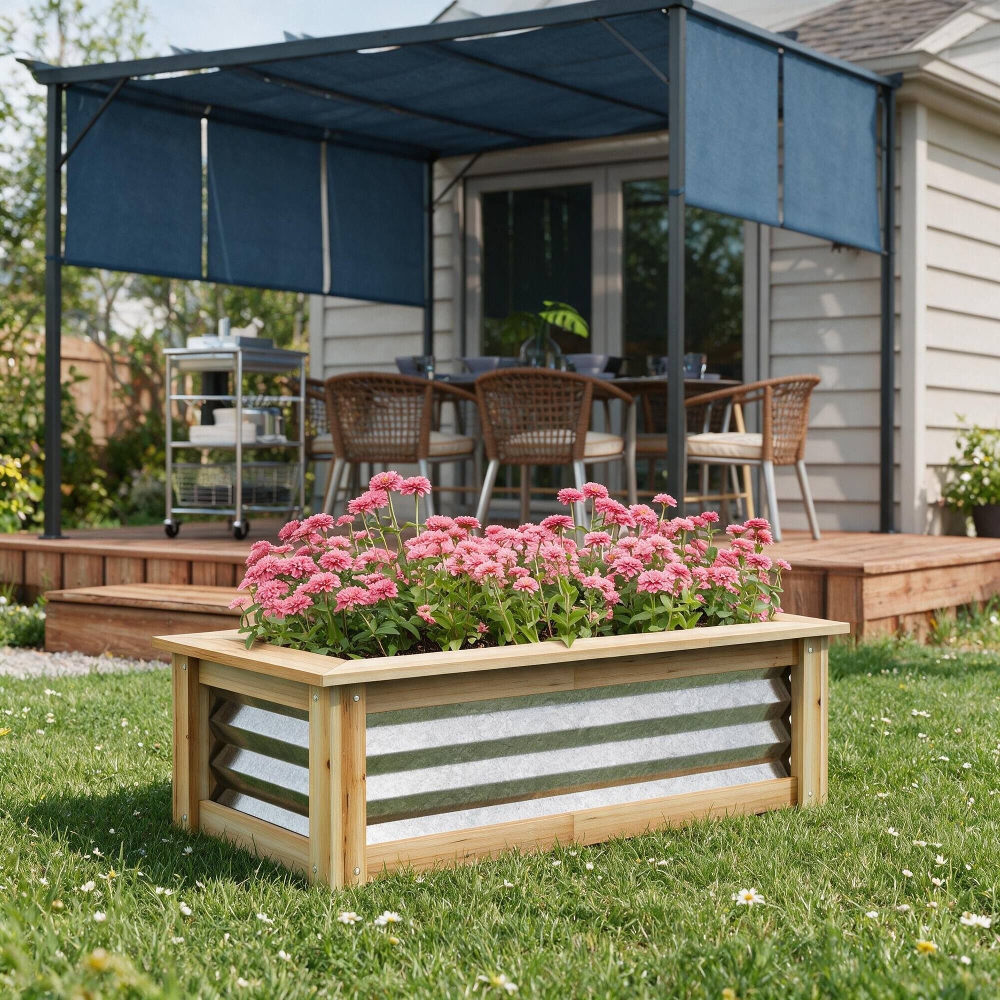 Alt View 1. RYHNUYNE - Outsunny Raised Garden Bed Kit Galvanized Metal Planter Box with Wood Frame, 22 Gallon Outdoor Stock Tank - Multicolor.