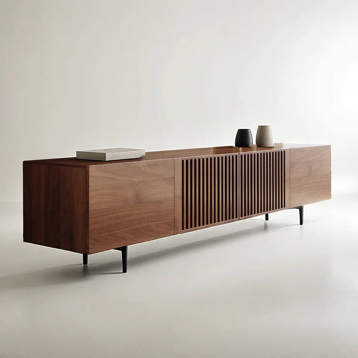 Alt View 4. luck idea - 94.48" Walnut Fluted TV Stand for TV Up to 100", Mid-Century Media Console with Storage Cabinets & Metal Legs - Brown.