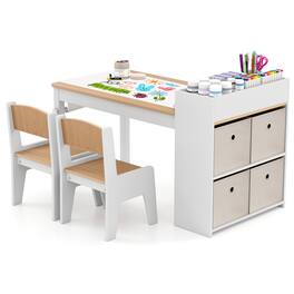 Costway - Kids Art Table & Chairs Set with Paper Roll Wooden Craft Study Desk Active Play - Natural