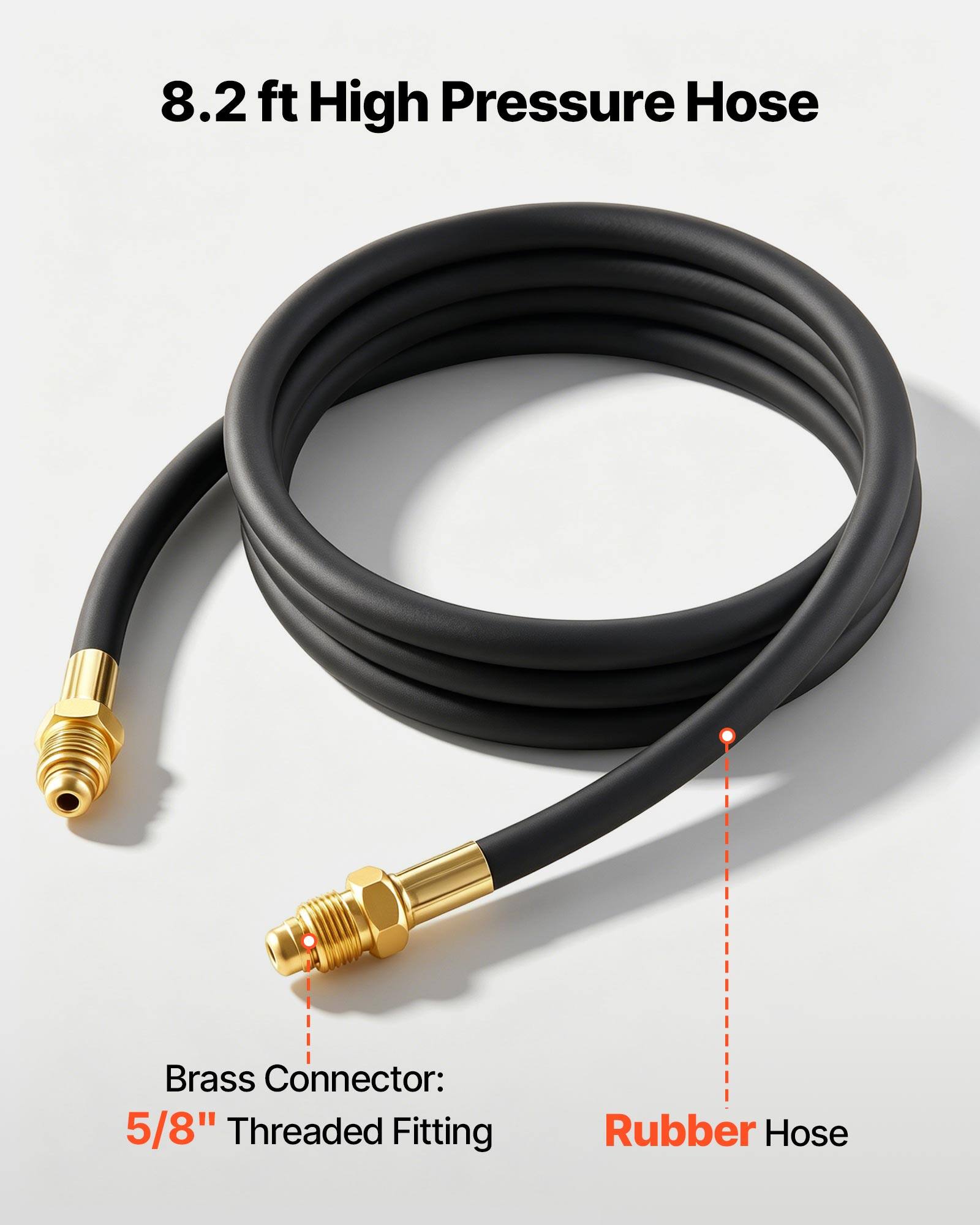 8.2 ft High Pressure Hose Brass Connector: 5/8" Threaded Fitting Rubber Hose