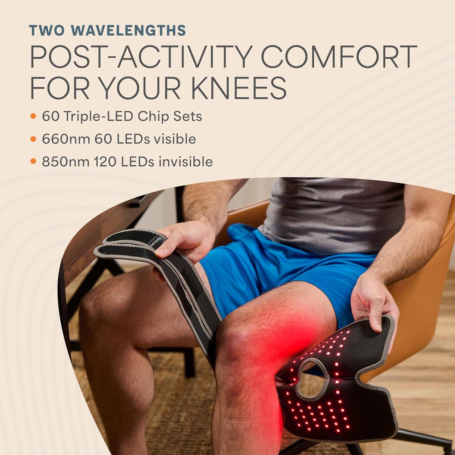 TWO WAVELENGTHS POST-ACTIVITY COMFORT FOR YOUR KNEES

- 60 Triple-LED Chip Sets
- 660nm 60 LEDs visible
- 850nm 120 LEDs invisible