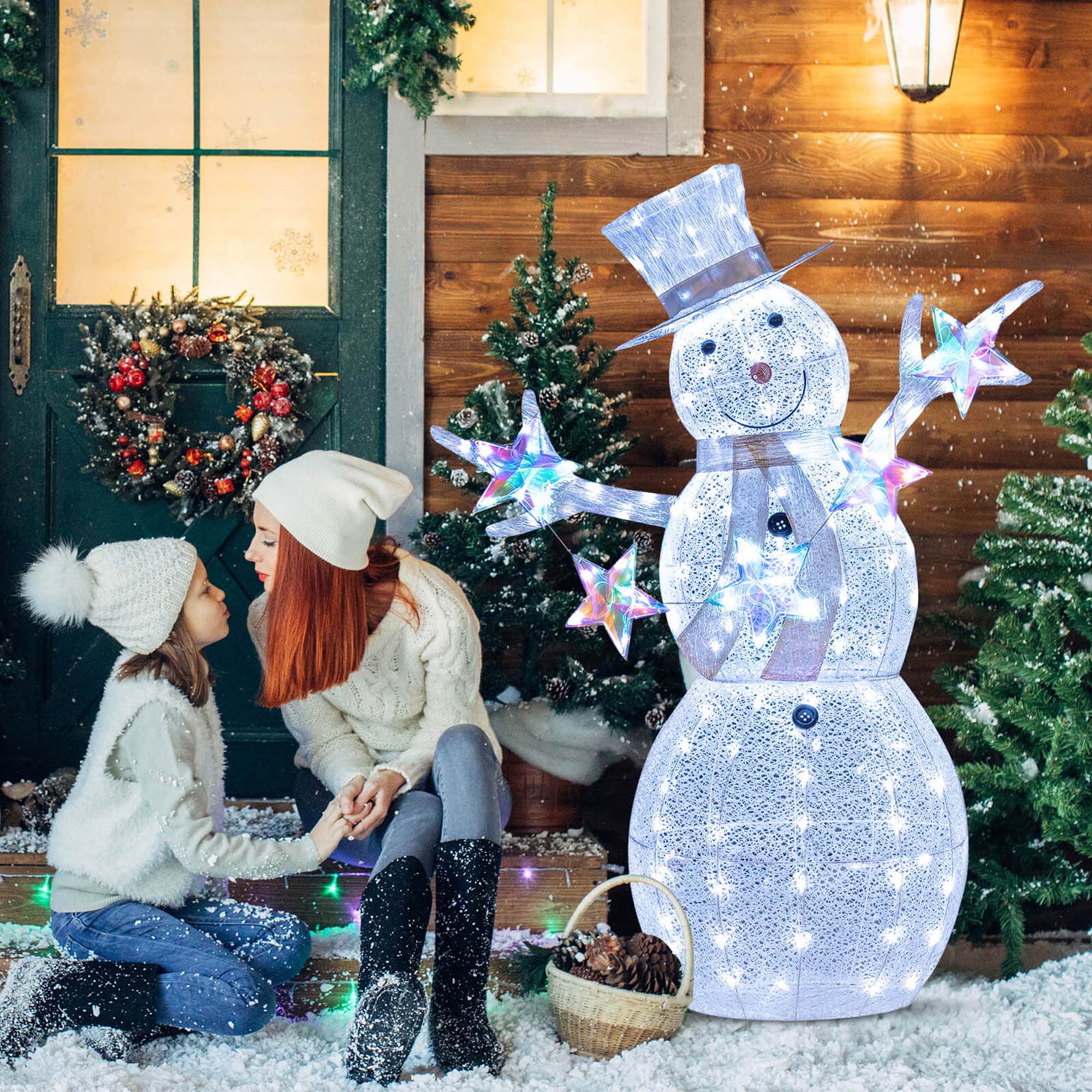 Alt View 4. Costway - Costway 5 FT Lighted Snowman with Hat Scarf & Stars Zip Ties & Ground Stakes 140 LED Lights - White.