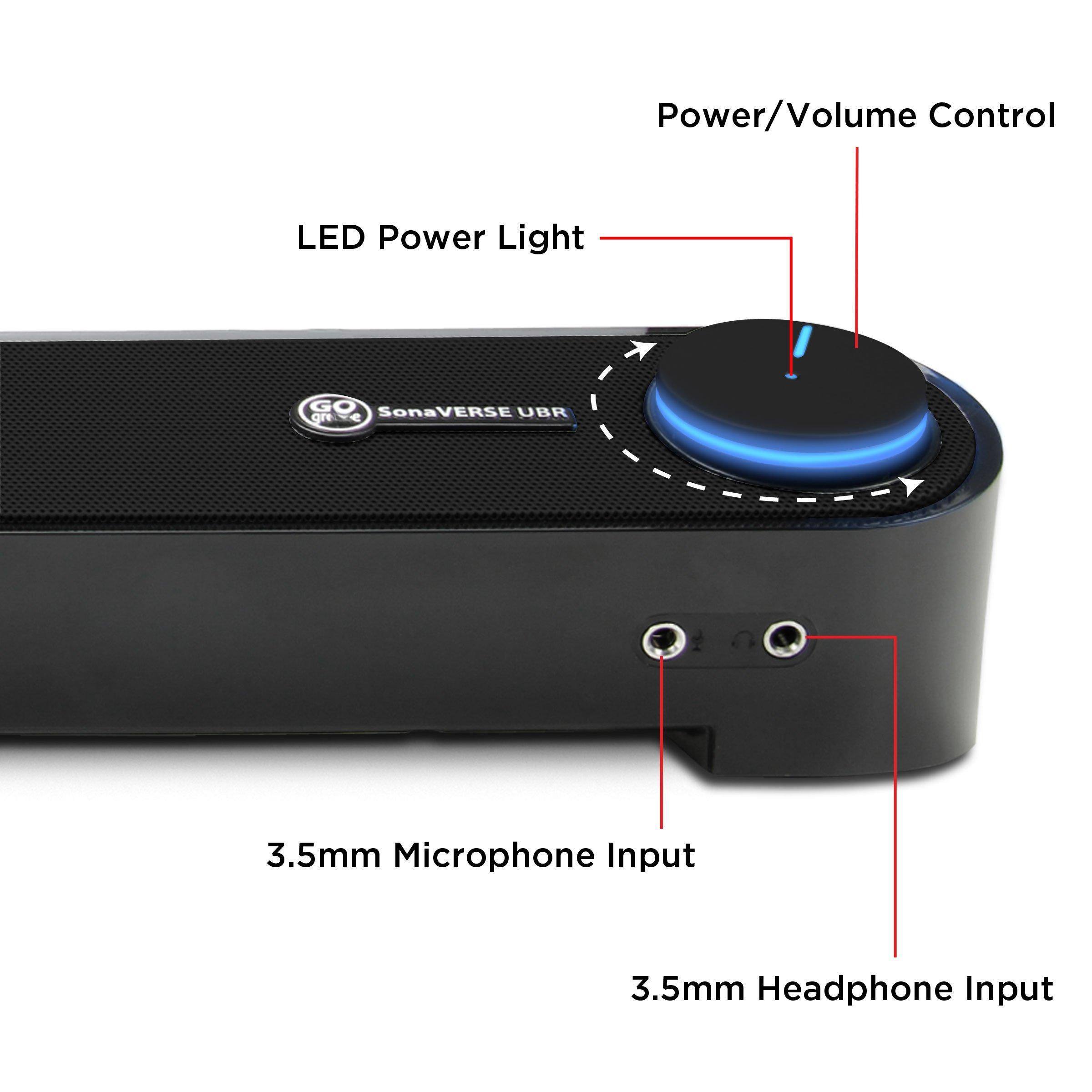 - Power/Volume Control
- LED Power Light
- 3.5mm Microphone Input
- 3.5mm Headphone Input