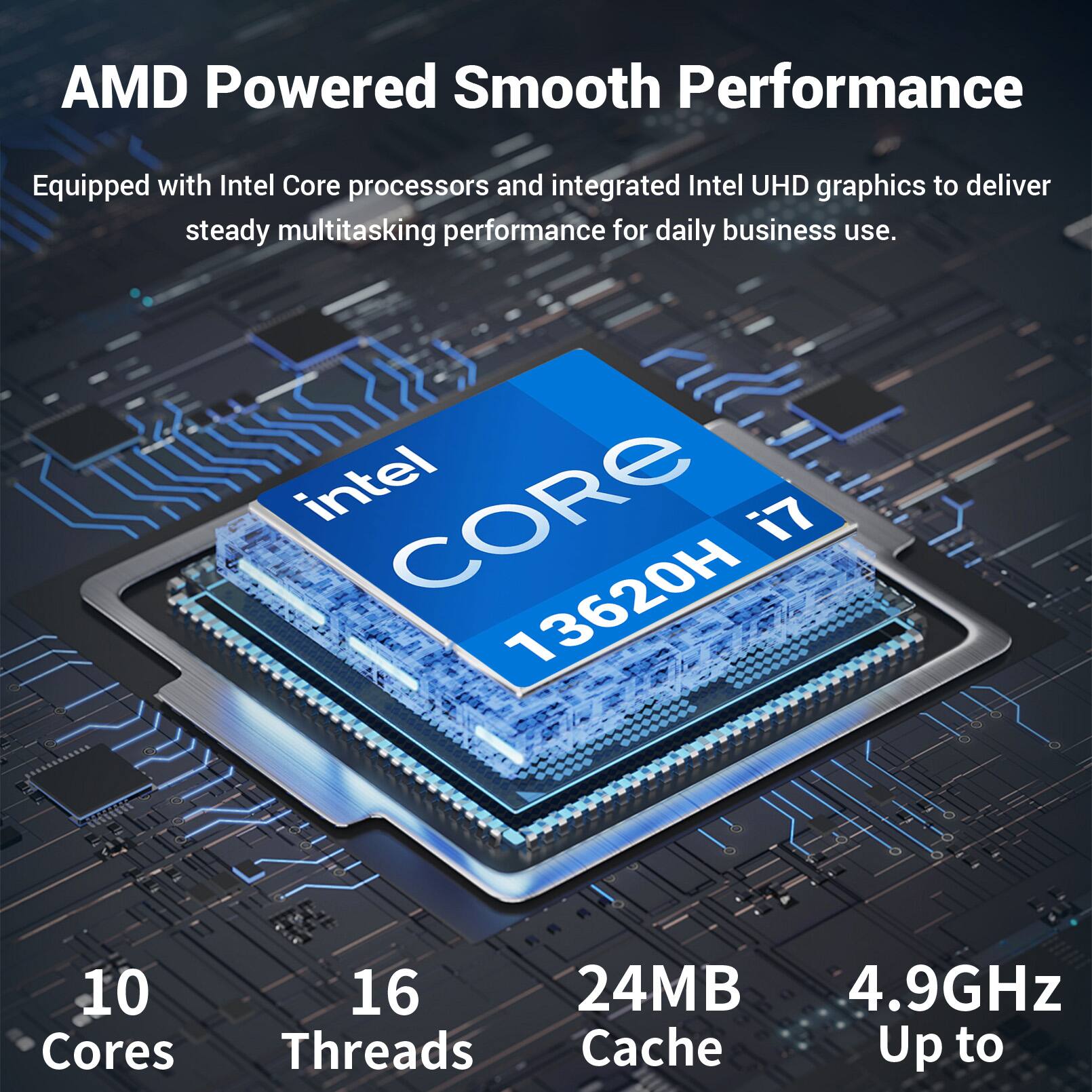 AMD Powered Smooth Performance  
Equipped with Intel Core processors and integrated Intel UHD graphics to deliver steady multitasking performance for daily business use.  
Intel CORE i7 13620H  
10 Cores  
16 Threads  
24MB Cache  
Up to 4.9GHz