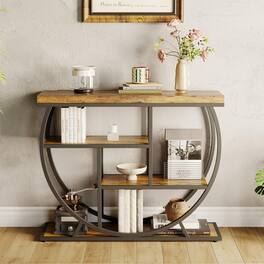 Qeetex - Entryway Table with 4-Tier Storage, 39" Narrow Console Table for Living Room, Hallway & Foyer, Half-Circle Base - Brown